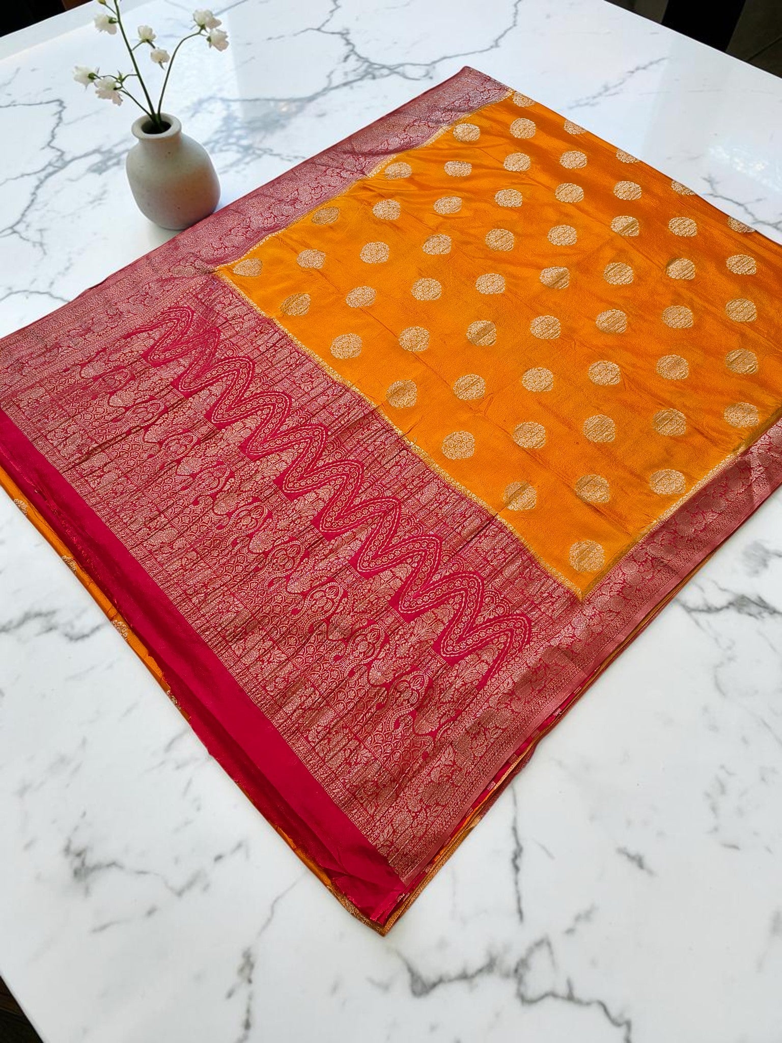 Mustard Yellow Crepe Georgette Saree with Rich Red Banarasi Zari Border & Grand Woven Pallu