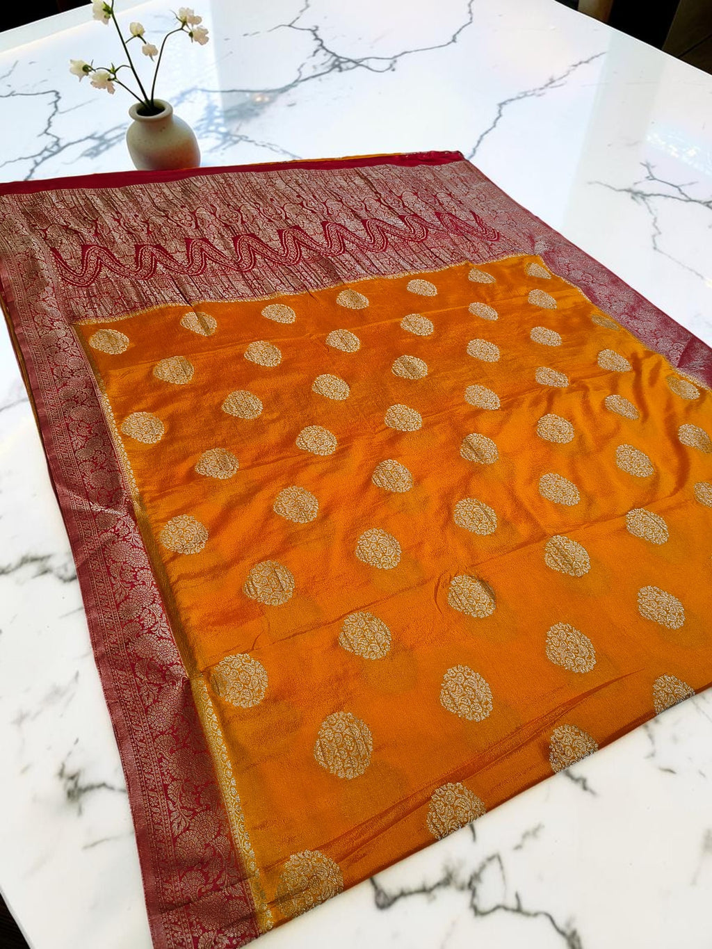 Mustard Yellow Crepe Georgette Saree with Rich Red Banarasi Zari Border & Grand Woven Pallu