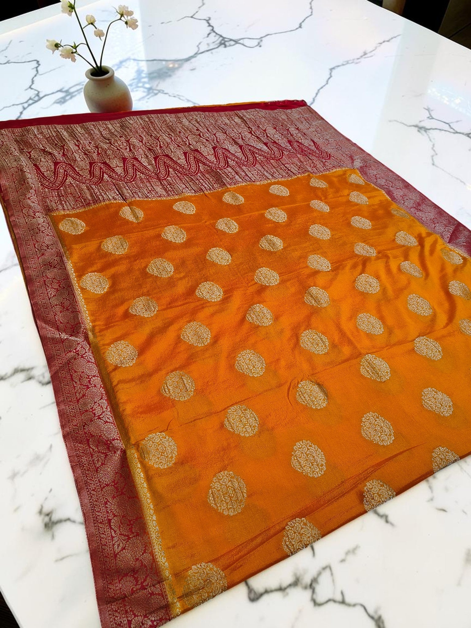 Mustard Yellow Crepe Georgette Saree with Rich Red Banarasi Zari Border & Grand Woven Pallu