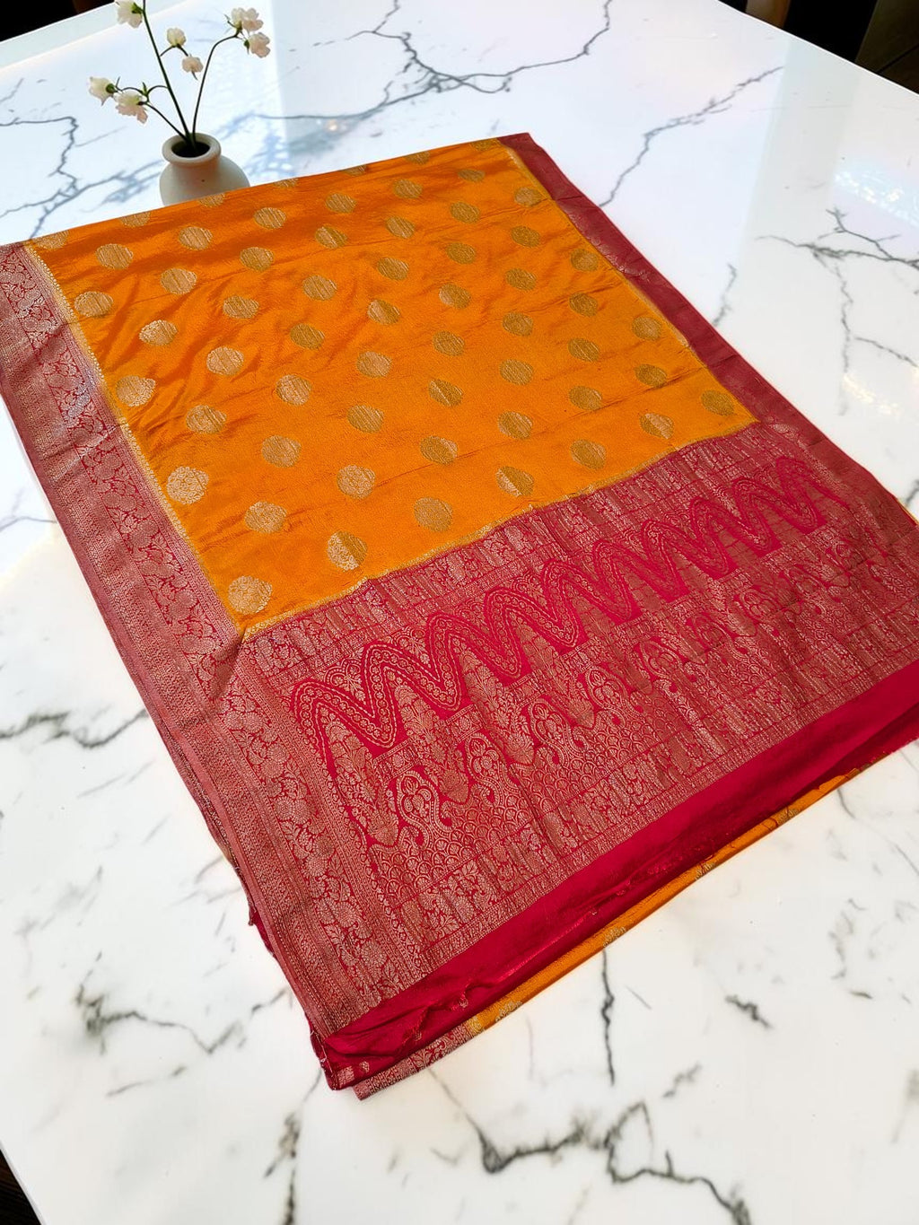 Mustard Yellow Crepe Georgette Saree with Rich Red Banarasi Zari Border & Grand Woven Pallu