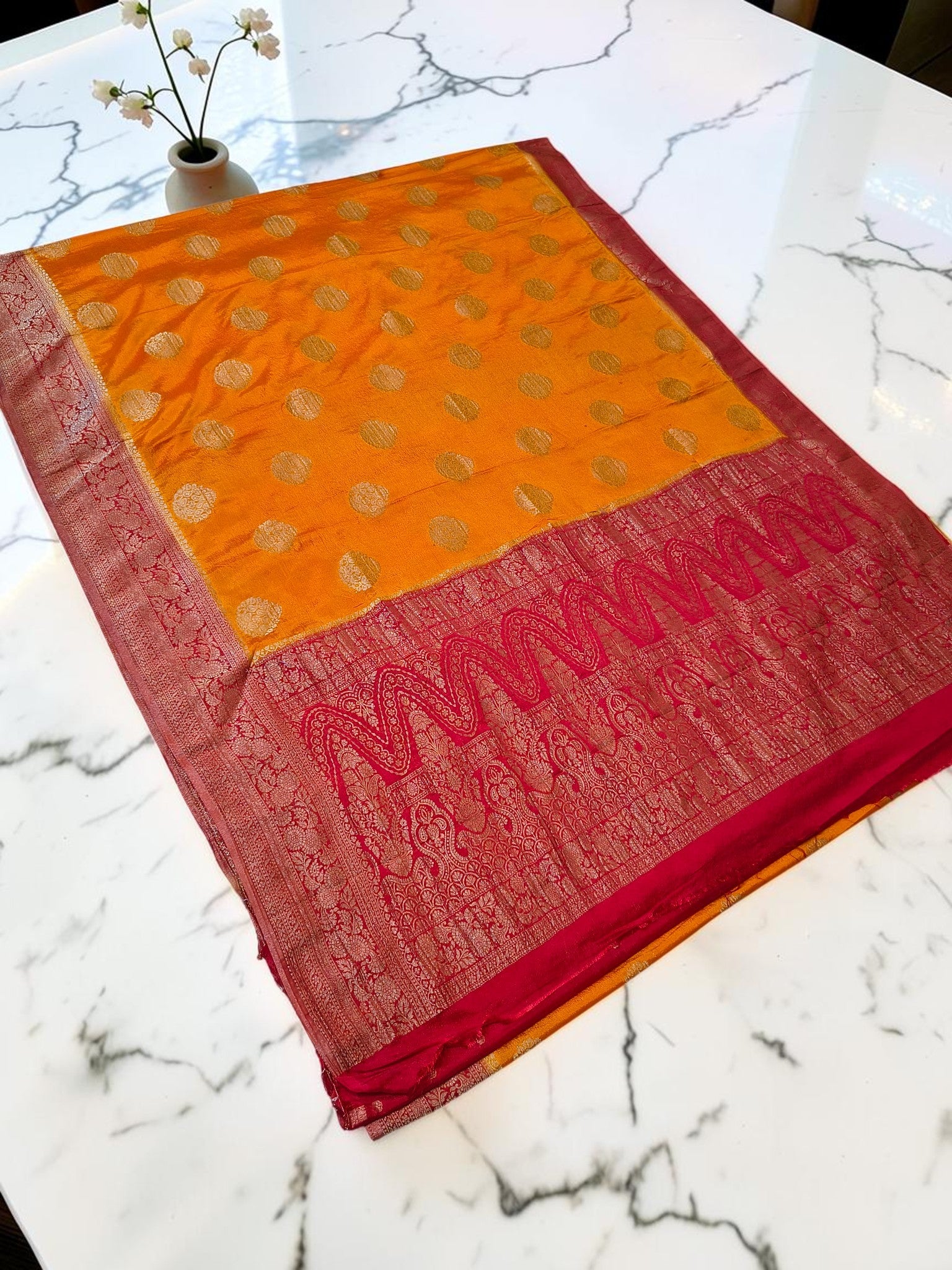 Mustard Yellow Crepe Georgette Saree with Rich Red Banarasi Zari Border & Grand Woven Pallu