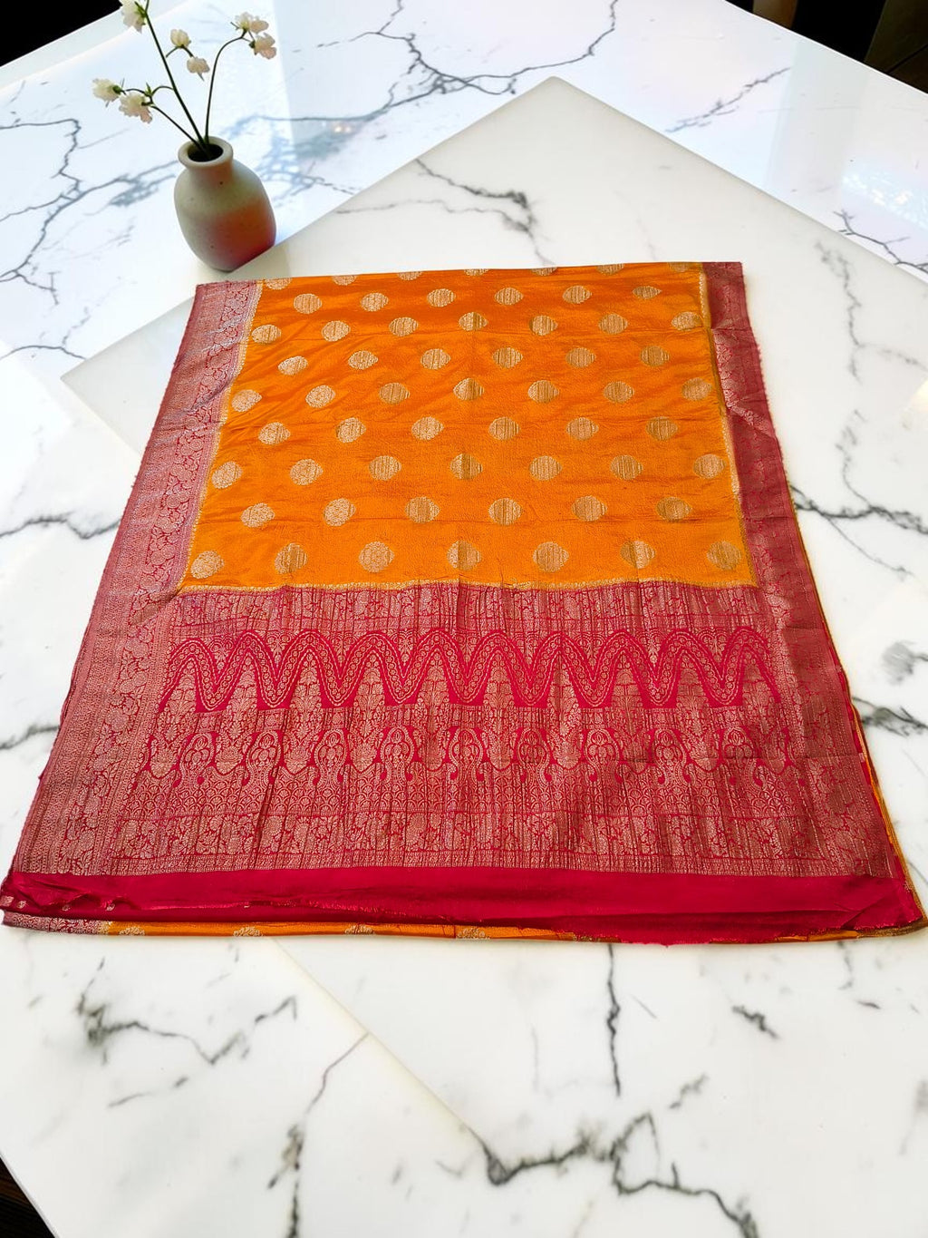 Mustard Yellow Crepe Georgette Saree with Rich Red Banarasi Zari Border & Grand Woven Pallu