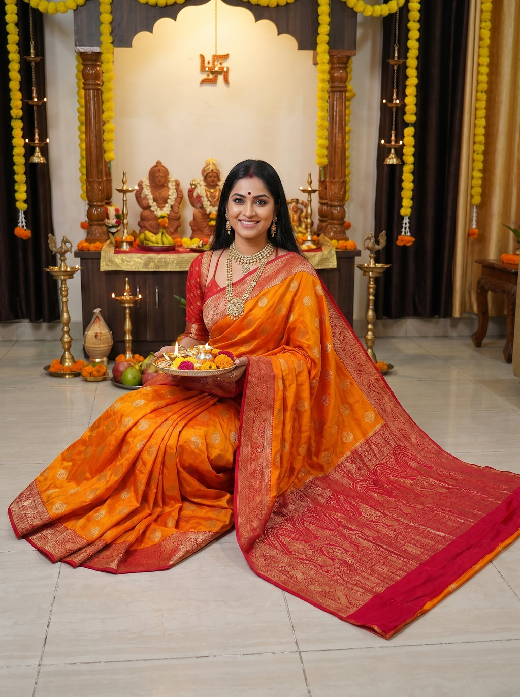 Mustard Yellow Crepe Georgette Saree with Rich Red Banarasi Zari Border & Grand Woven Pallu