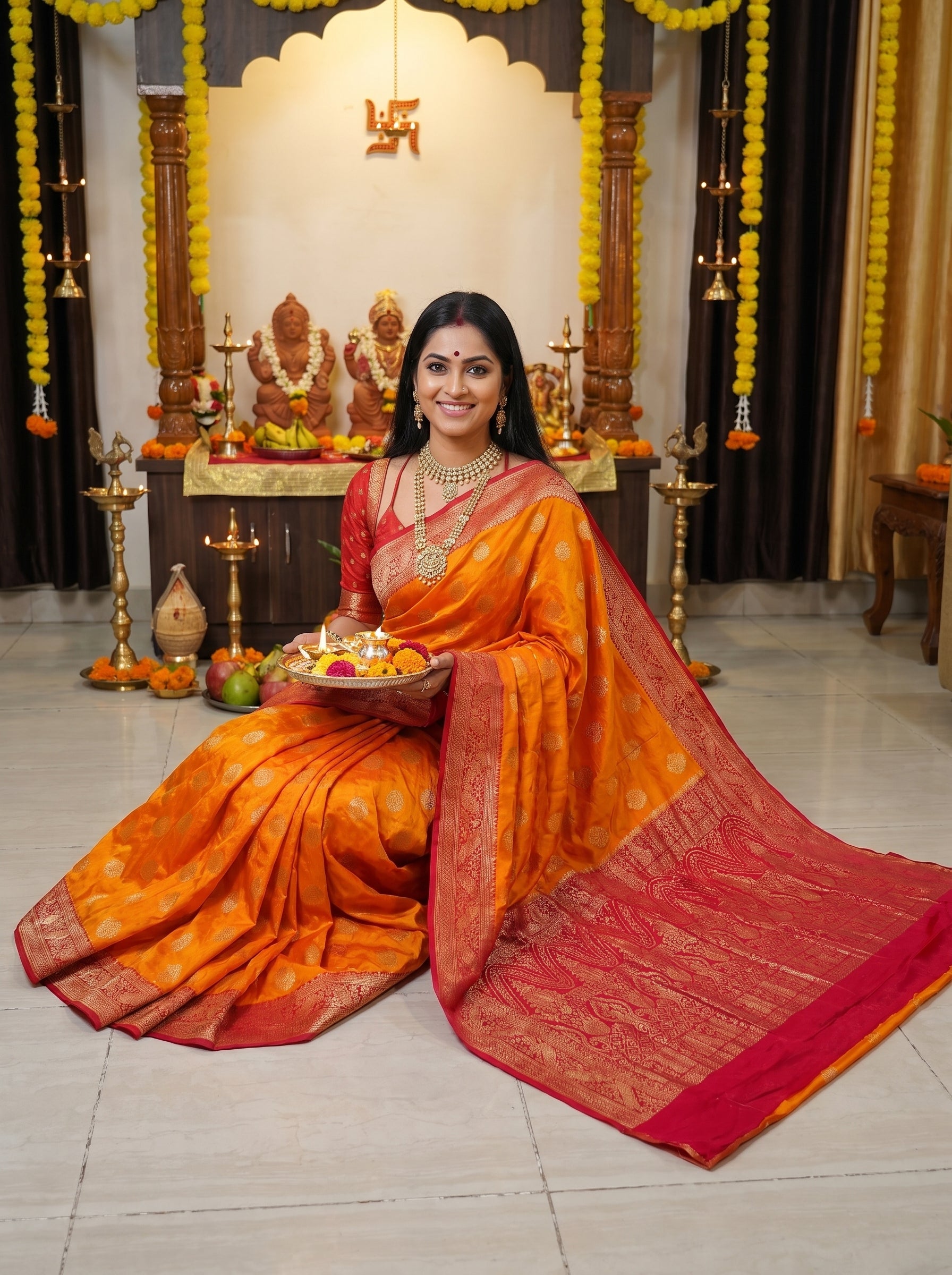 Mustard Yellow Crepe Georgette Saree with Rich Red Banarasi Zari Border & Grand Woven Pallu