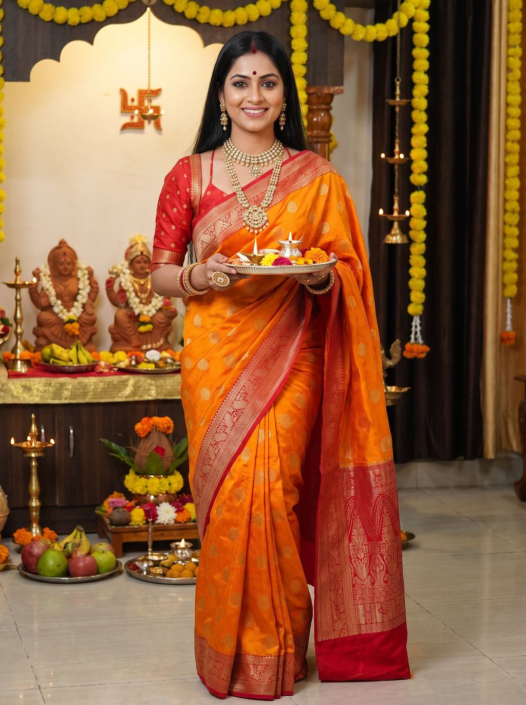 Mustard Yellow Crepe Georgette Saree with Rich Red Banarasi Zari Border & Grand Woven Pallu