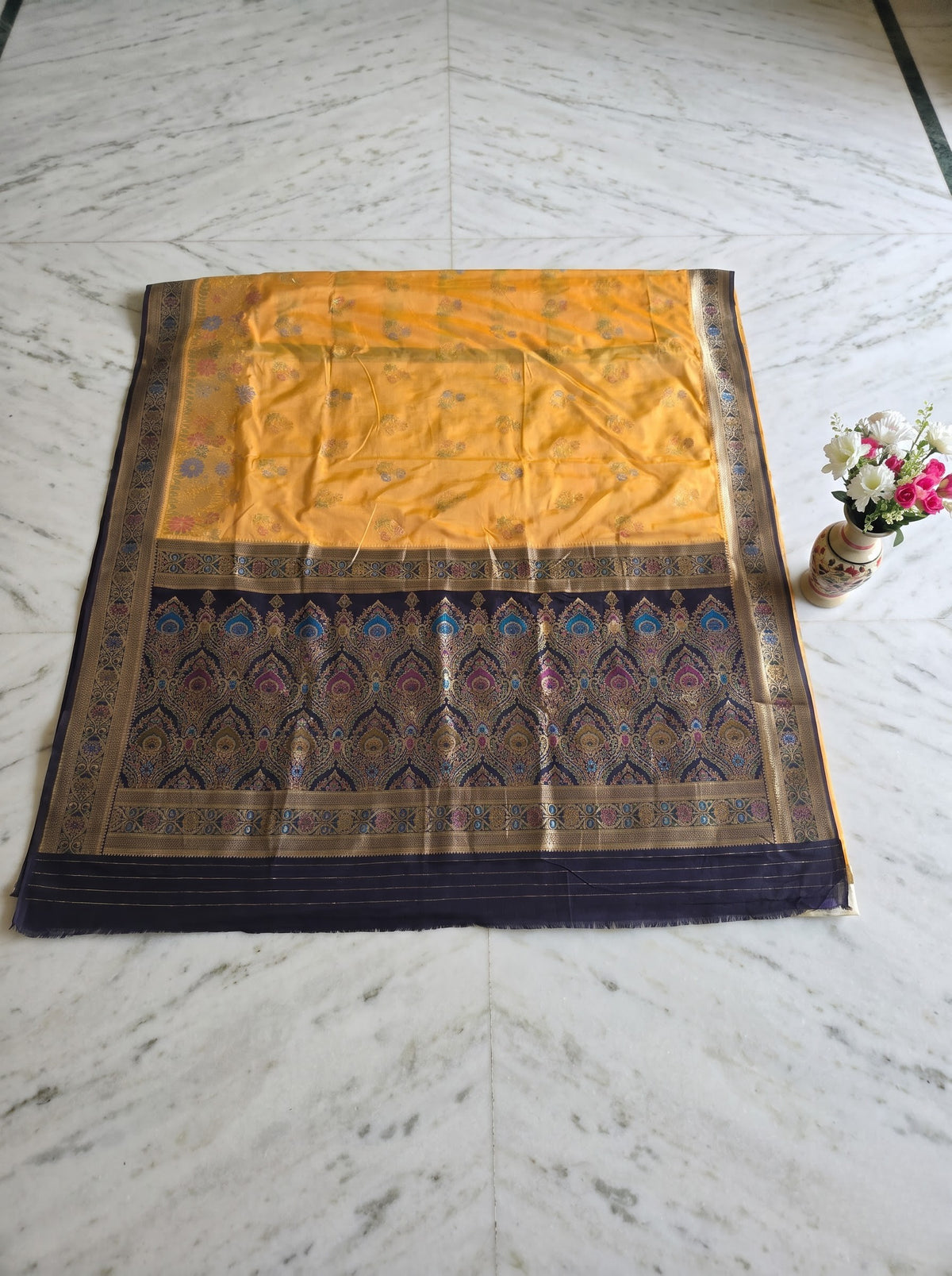 Premium Golden Yellow & Ink Blue Katan Pashmina Saree with Woven Floral Border