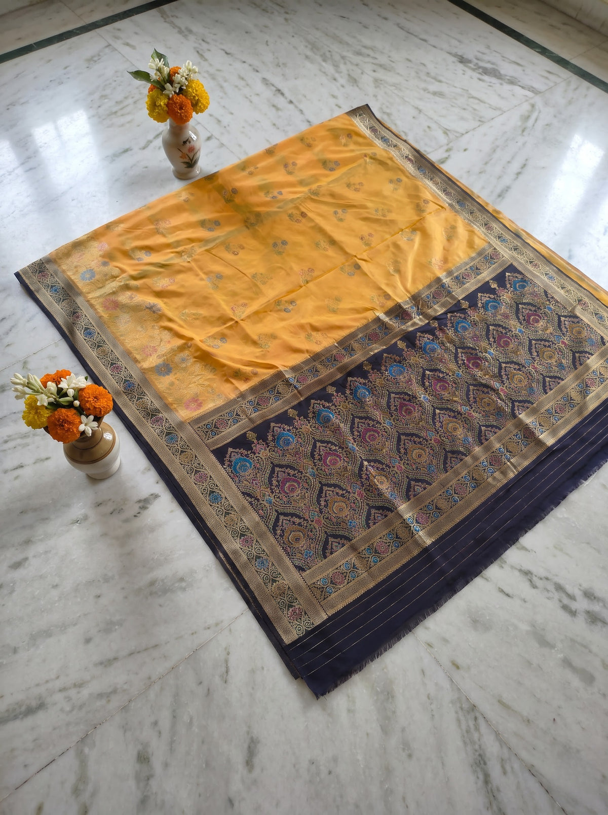 Premium Golden Yellow & Ink Blue Katan Pashmina Saree with Woven Floral Border