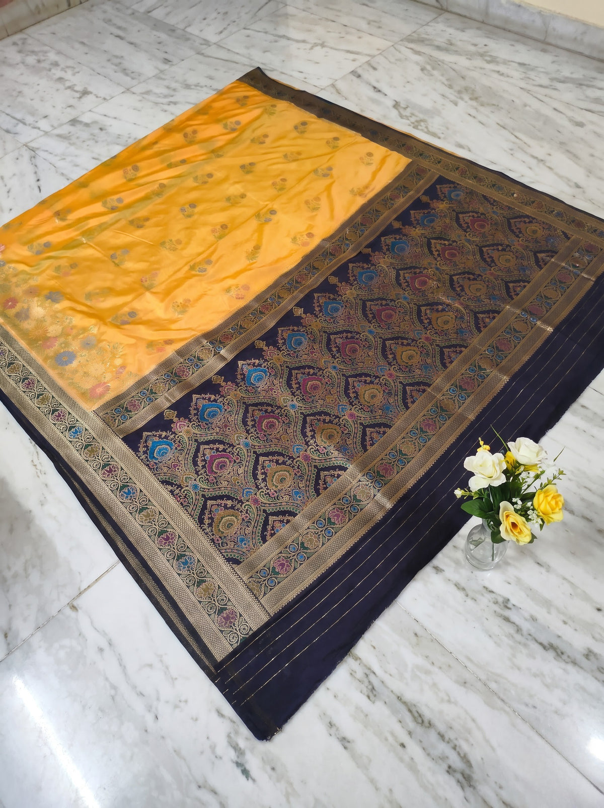 Premium Golden Yellow & Ink Blue Katan Pashmina Saree with Woven Floral Border