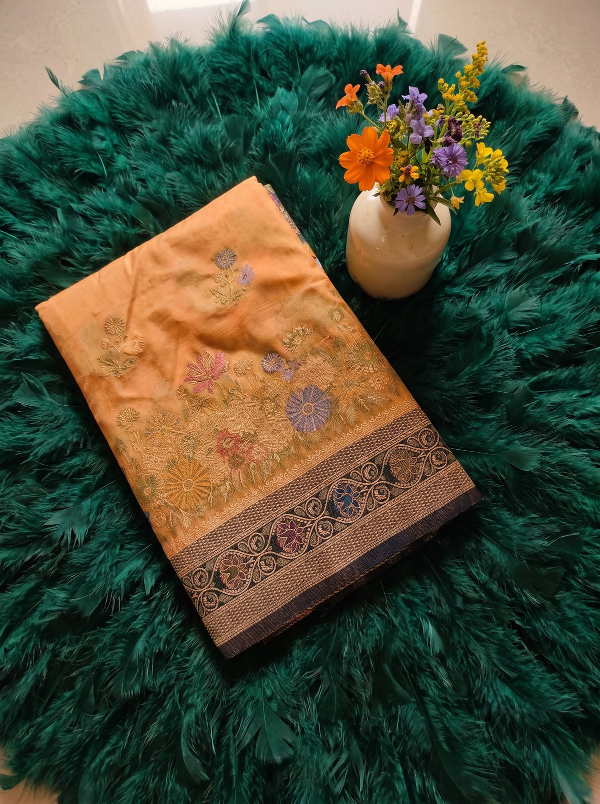 Premium Golden Yellow & Ink Blue Katan Pashmina Saree with Woven Floral Border