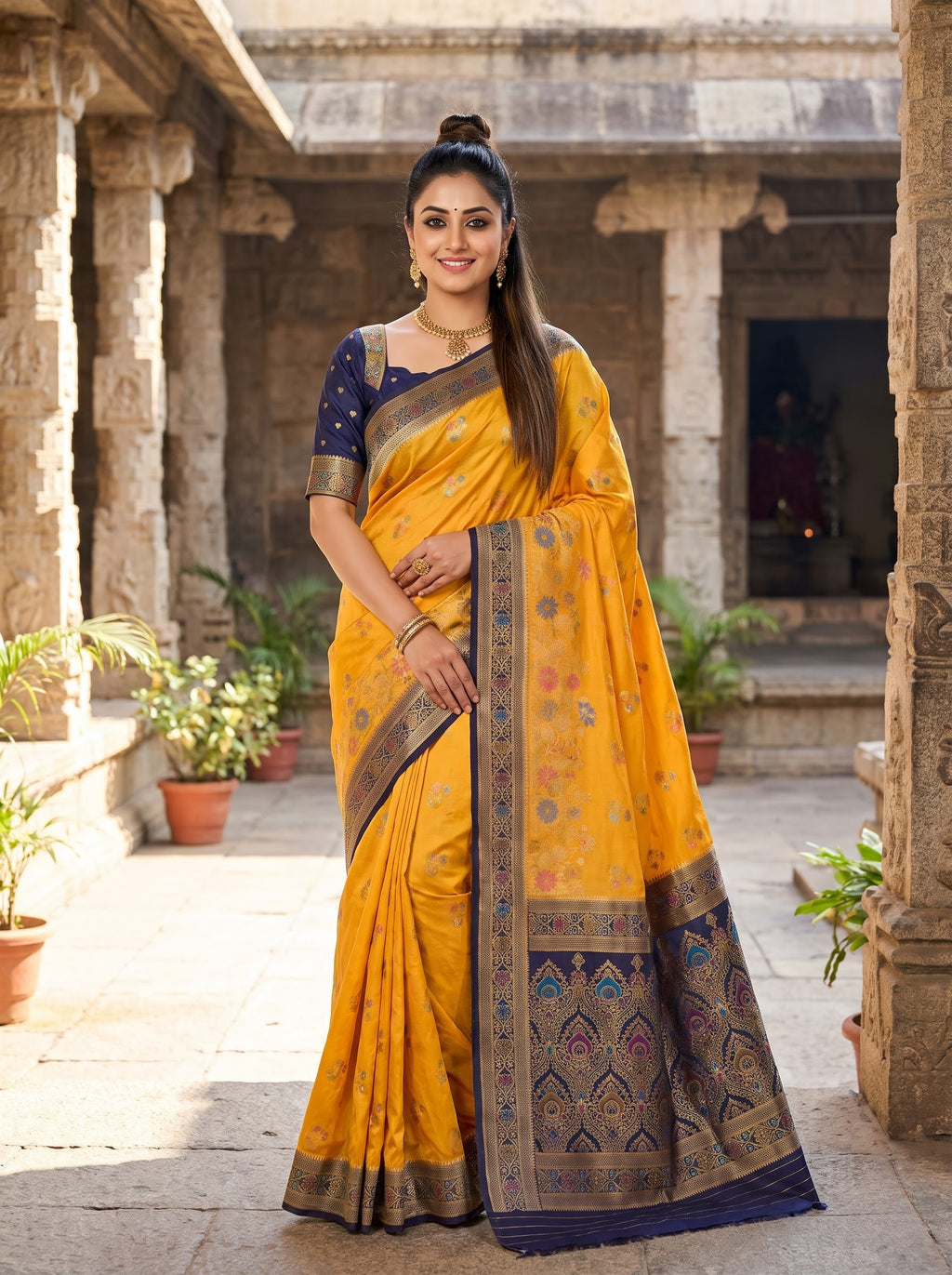 Premium Golden Yellow & Ink Blue Katan Pashmina Saree with Woven Floral Border