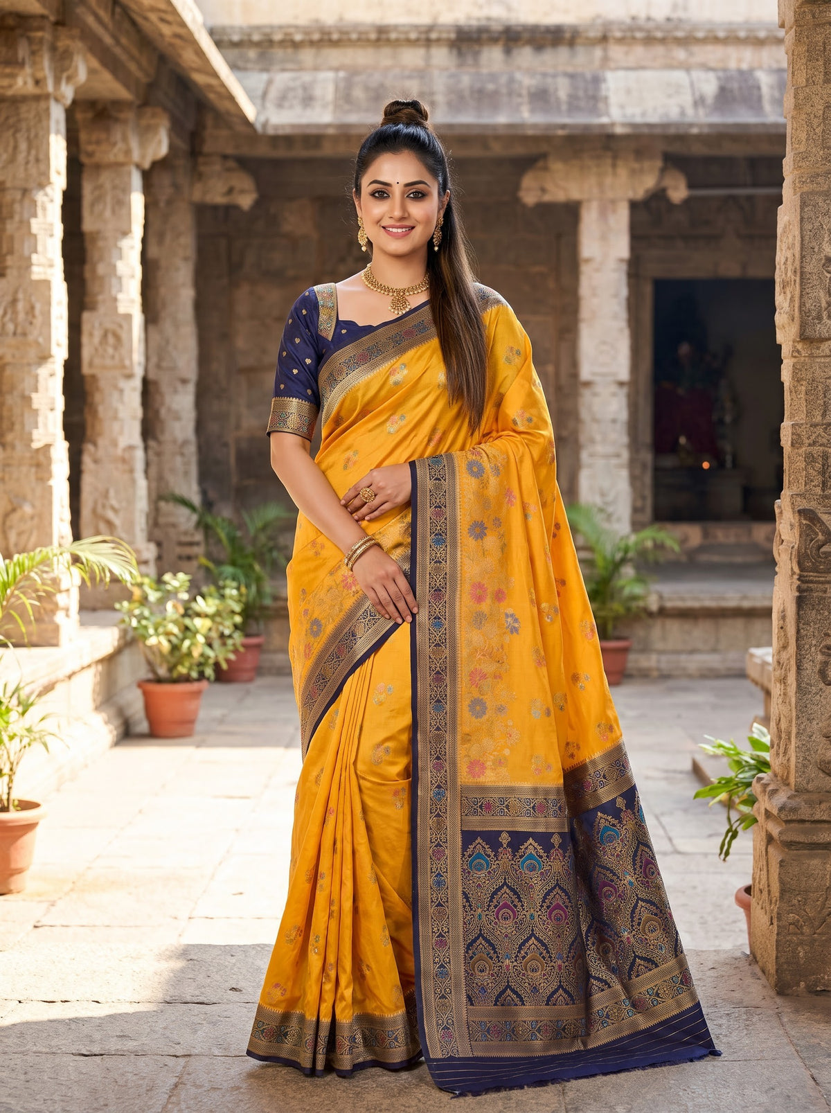 Premium Golden Yellow & Ink Blue Katan Pashmina Saree with Woven Floral Border