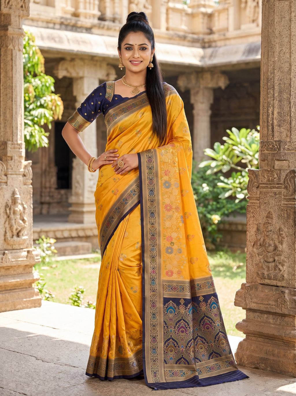 Premium Golden Yellow & Ink Blue Katan Pashmina Saree with Woven Floral Border