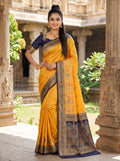 Premium Golden Yellow & Ink Blue Katan Pashmina Saree with Woven Floral Border