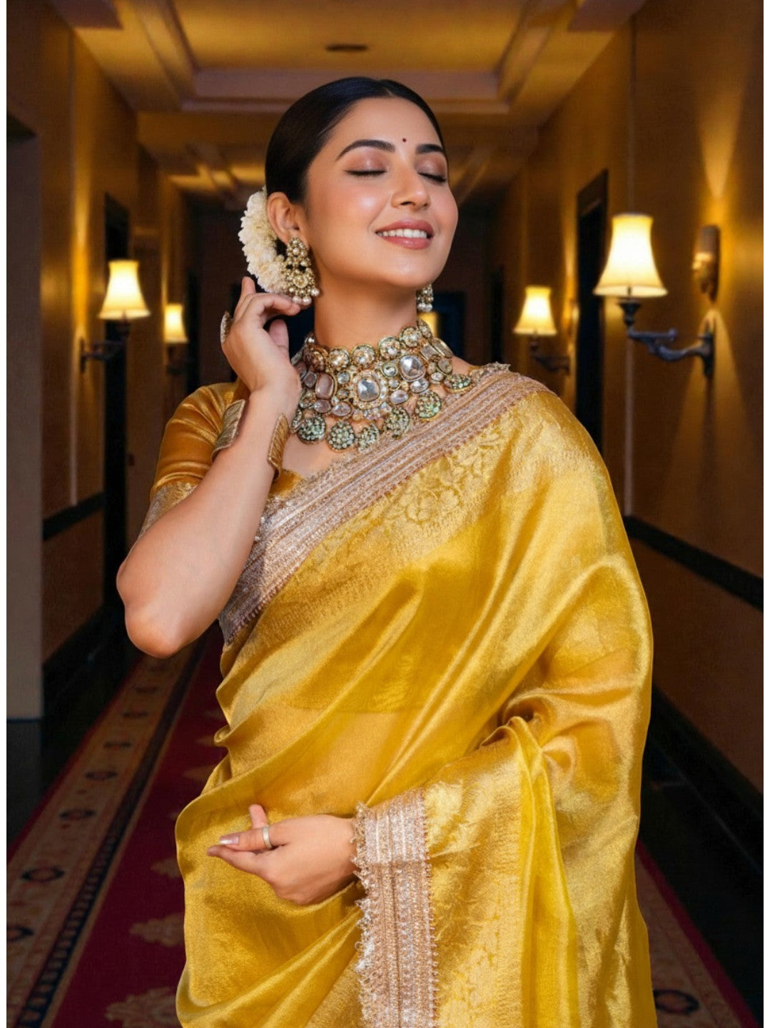 Golden Banarasi Tissue Saree with Elegant Zari Border