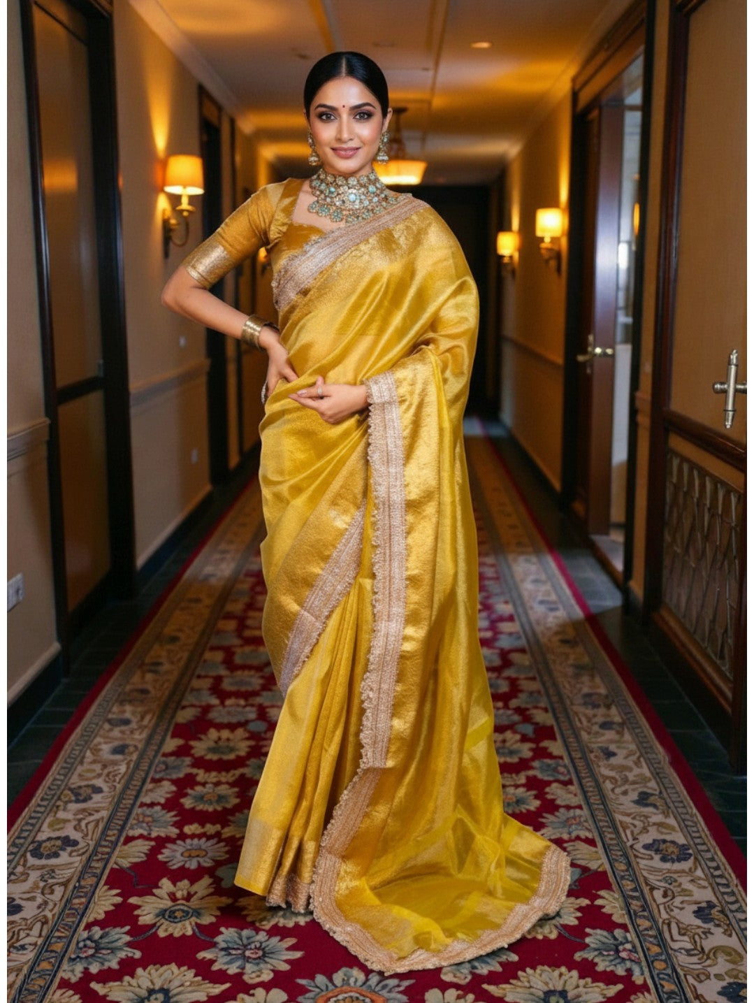 Golden Banarasi Tissue Saree with Elegant Zari Border