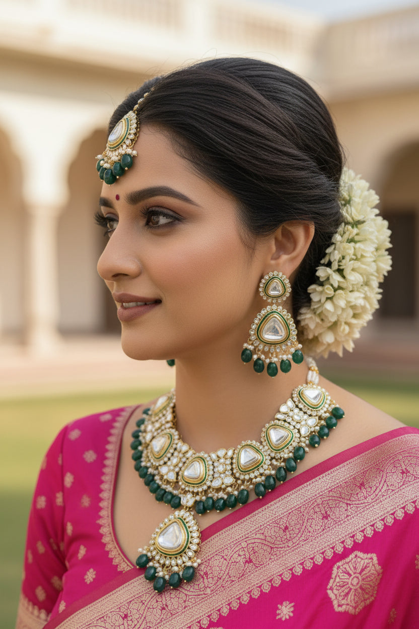 myFashion Kundan gold plated Necklace Set with Green beads, white Pearl Beaded Design