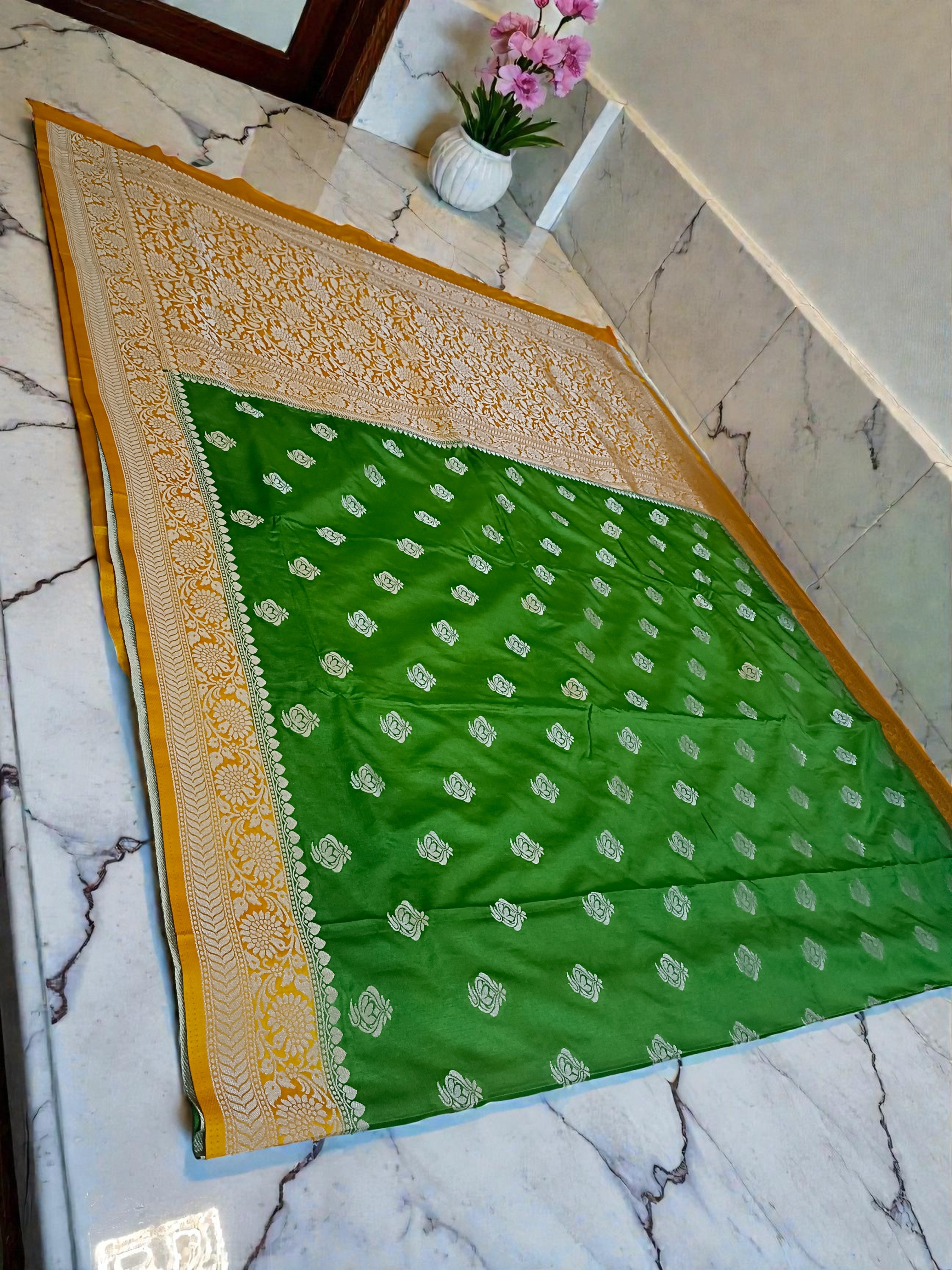 myFashion Banarasi Katan Silk Saree light green with Contrast yellow Border and Pallu