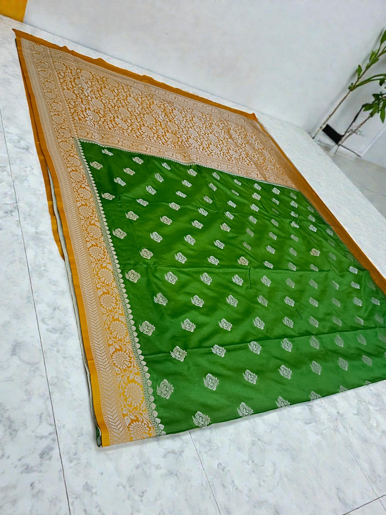 myFashion Banarasi Katan Silk Saree light green with Contrast yellow Border and Pallu