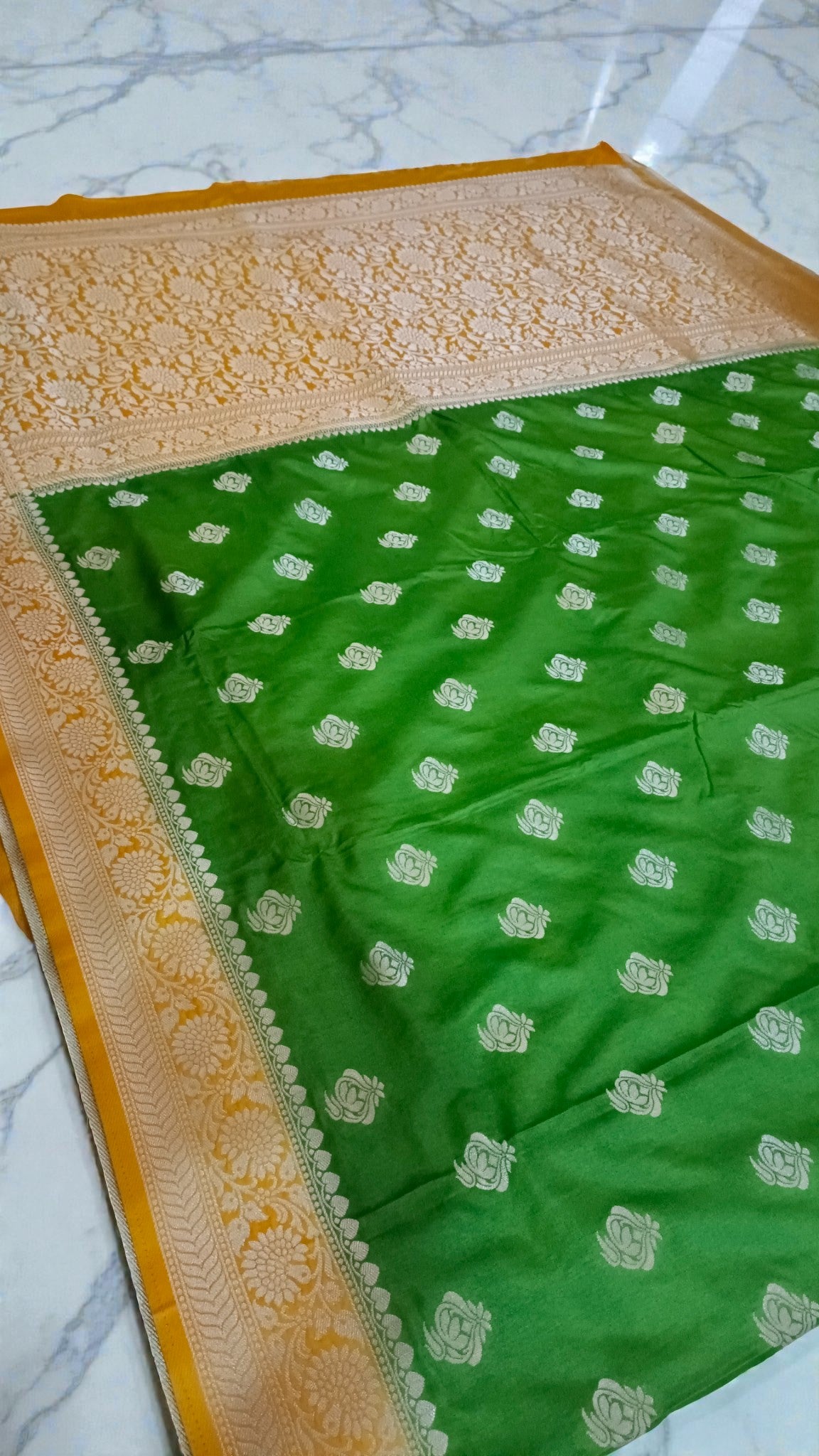 myFashion Banarasi Katan Silk Saree light green with Contrast yellow Border and Pallu