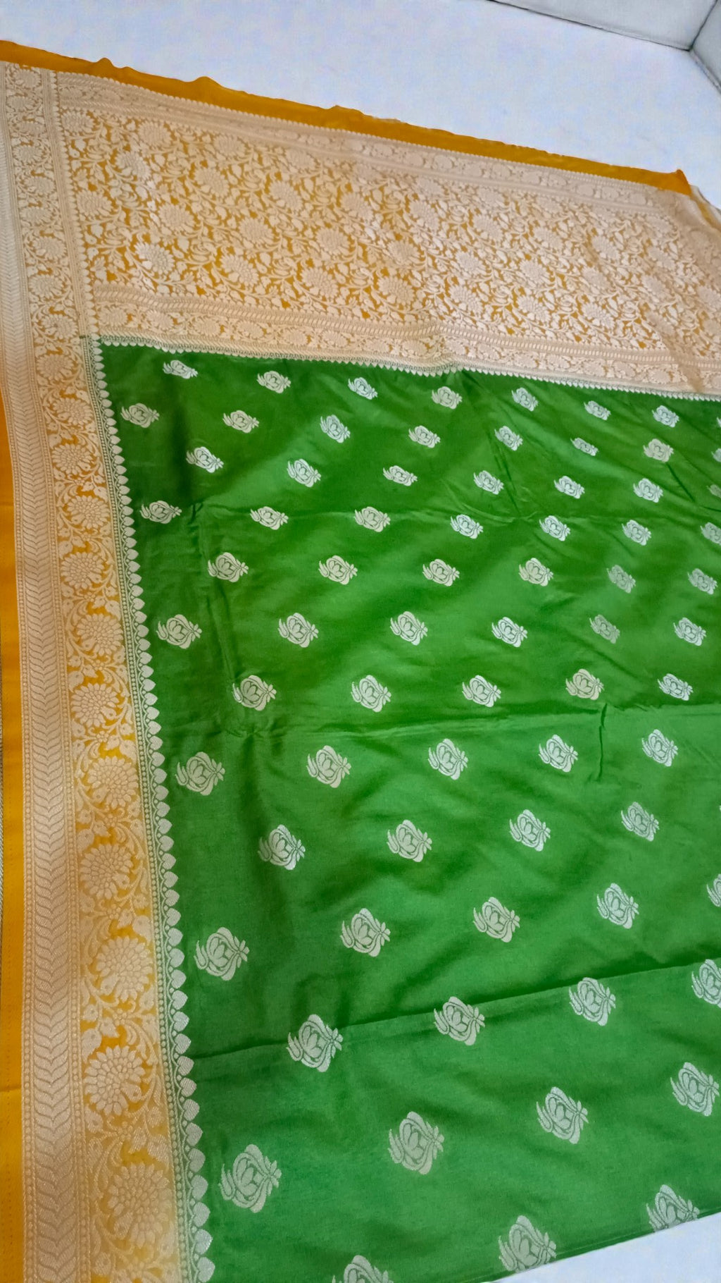 myFashion Banarasi Katan Silk Saree light green with Contrast yellow Border and Pallu