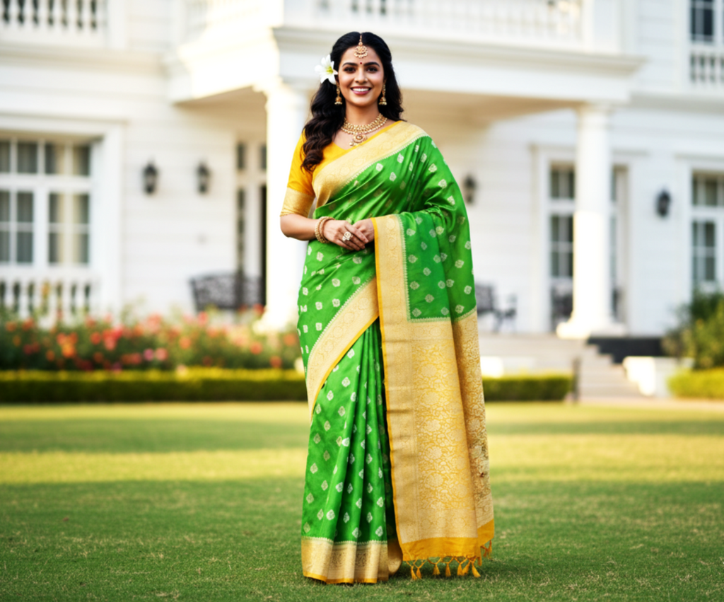 myFashion Banarasi Katan Silk Saree light green with Contrast yellow Border and Pallu