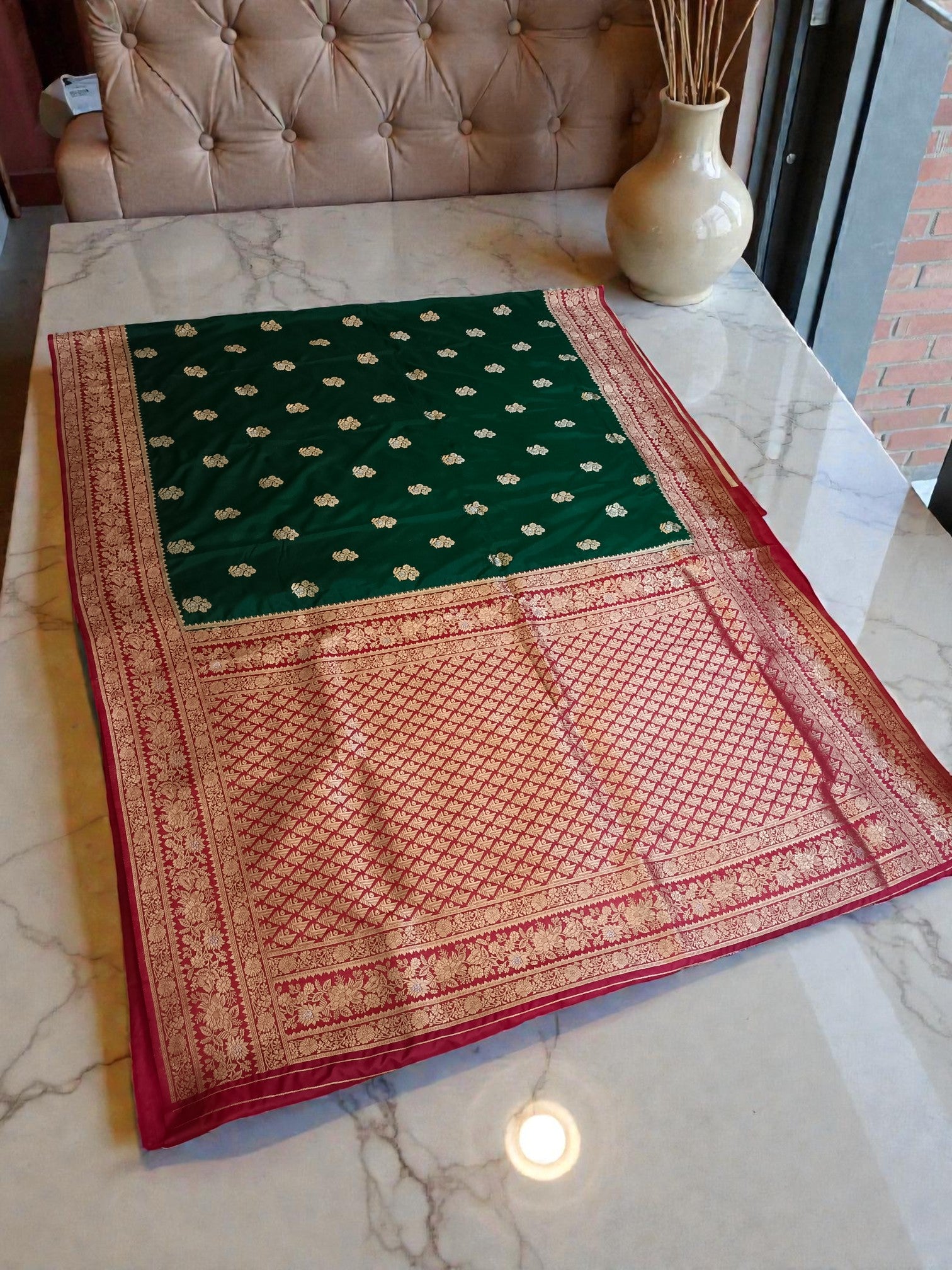 Royal Green and Red Banarasi Semi Katan Silk Saree with Gold Zari Weaving & contrast Rich Pallu