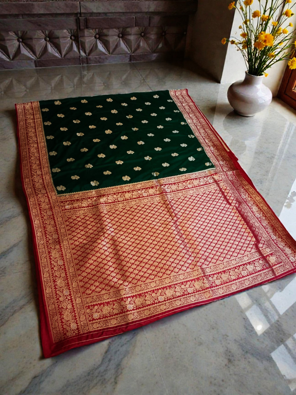 Royal Green and Red Banarasi Semi Katan Silk Saree with Gold Zari Weaving & contrast Rich Pallu