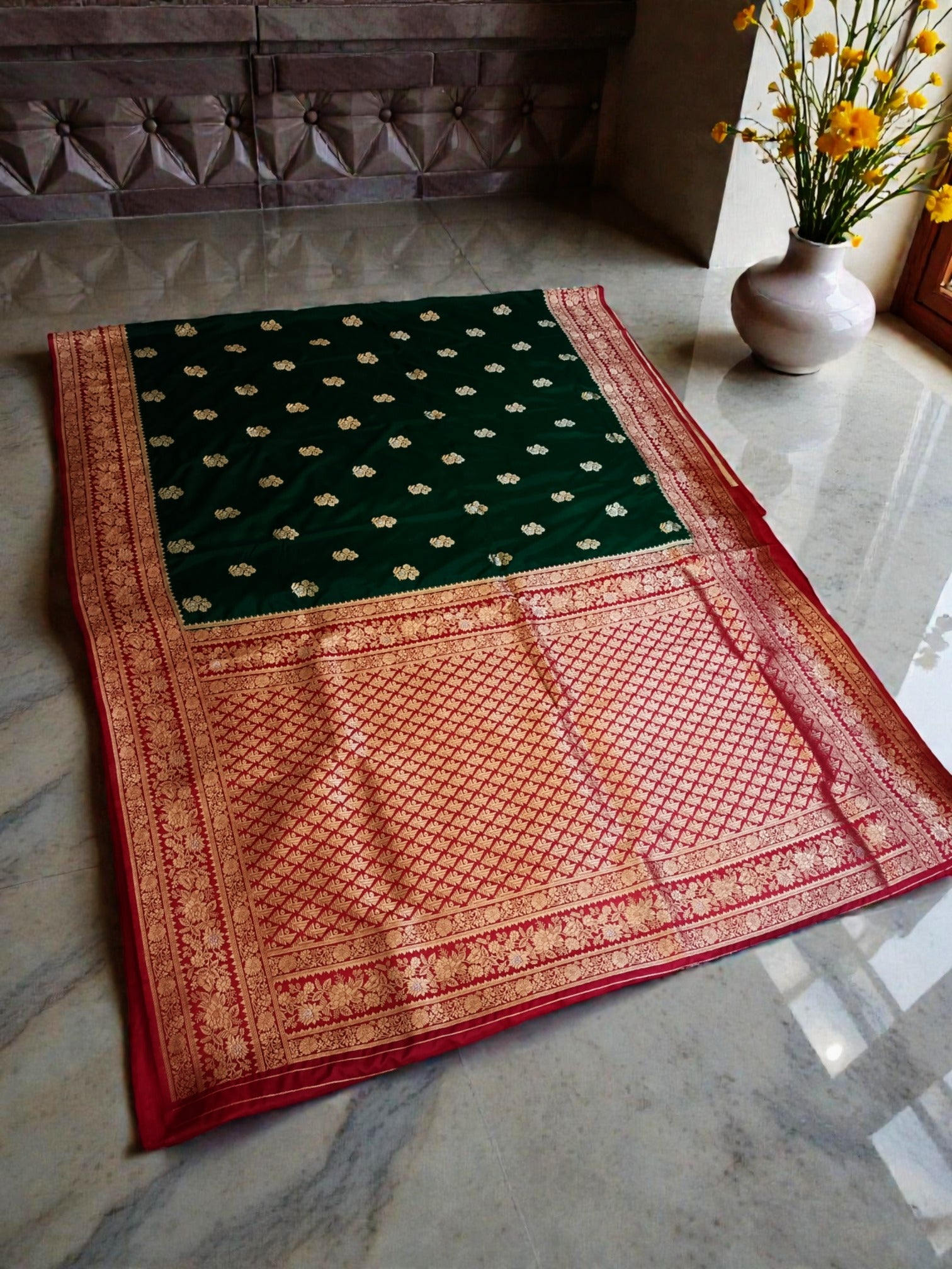 Royal Green and Red Banarasi Semi Katan Silk Saree with Gold Zari Weaving & contrast Rich Pallu