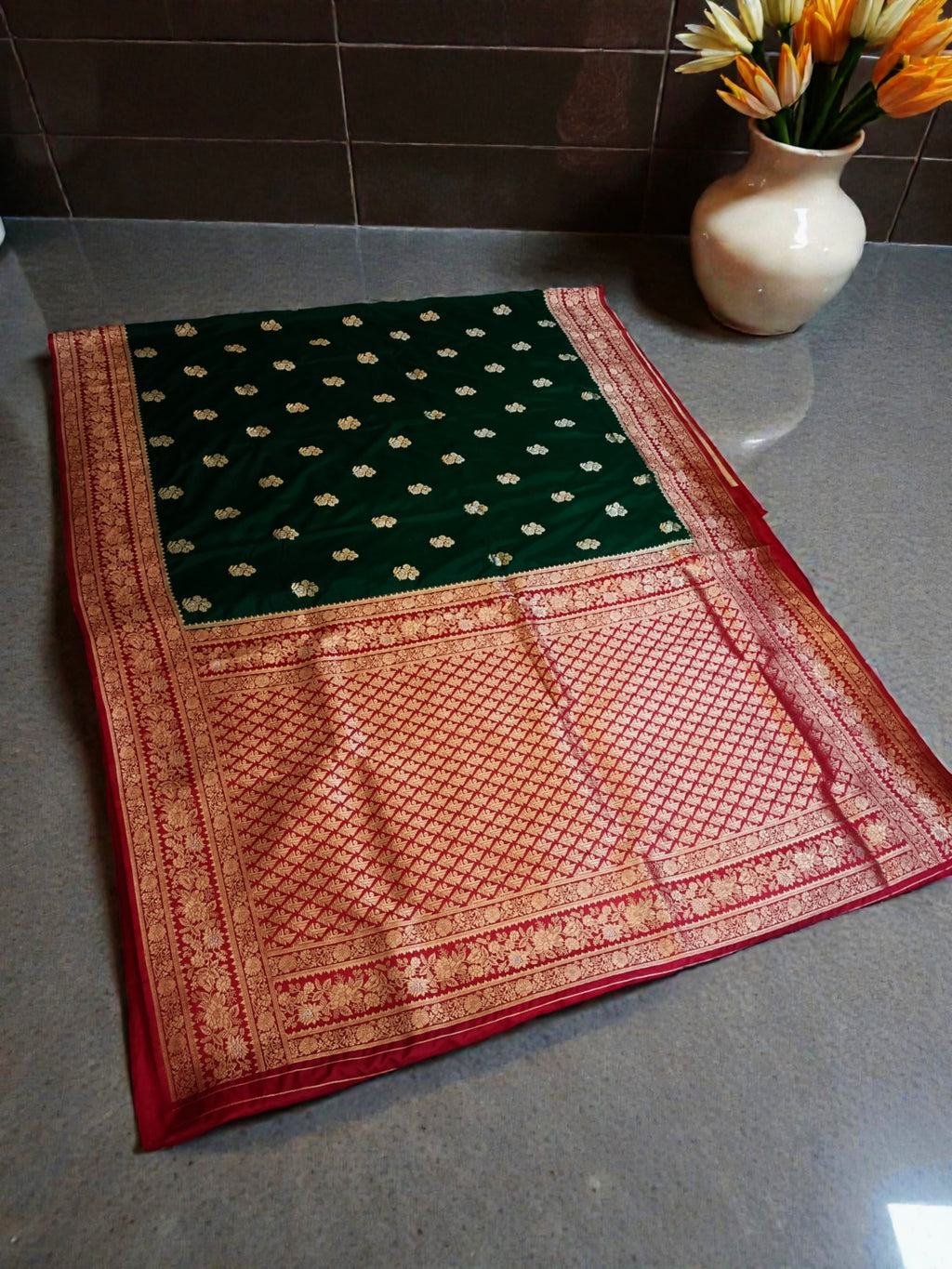 Royal Green and Red Banarasi Semi Katan Silk Saree with Gold Zari Weaving & contrast Rich Pallu