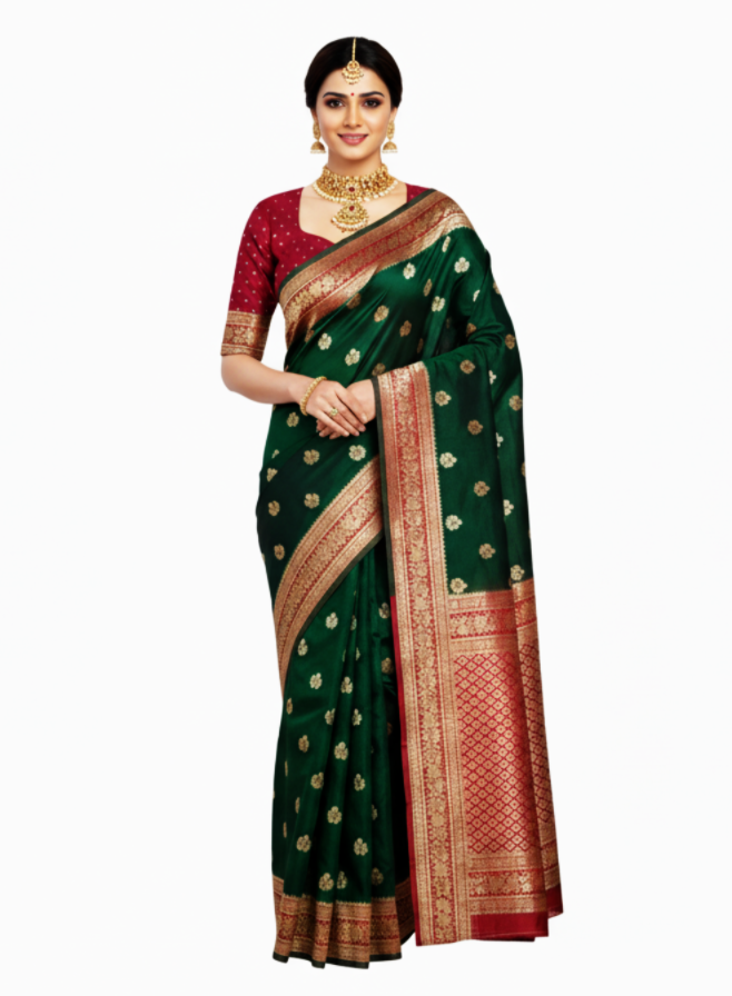 Royal Green and Red Banarasi Semi Katan Silk Saree with Gold Zari Weaving & contrast Rich Pallu
