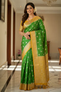 myFashion Banarasi Katan Silk Saree light green with Contrast yellow Border and Pallu
