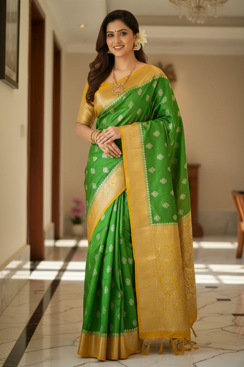 myFashion Banarasi Katan Silk Saree light green with Contrast yellow Border and Pallu