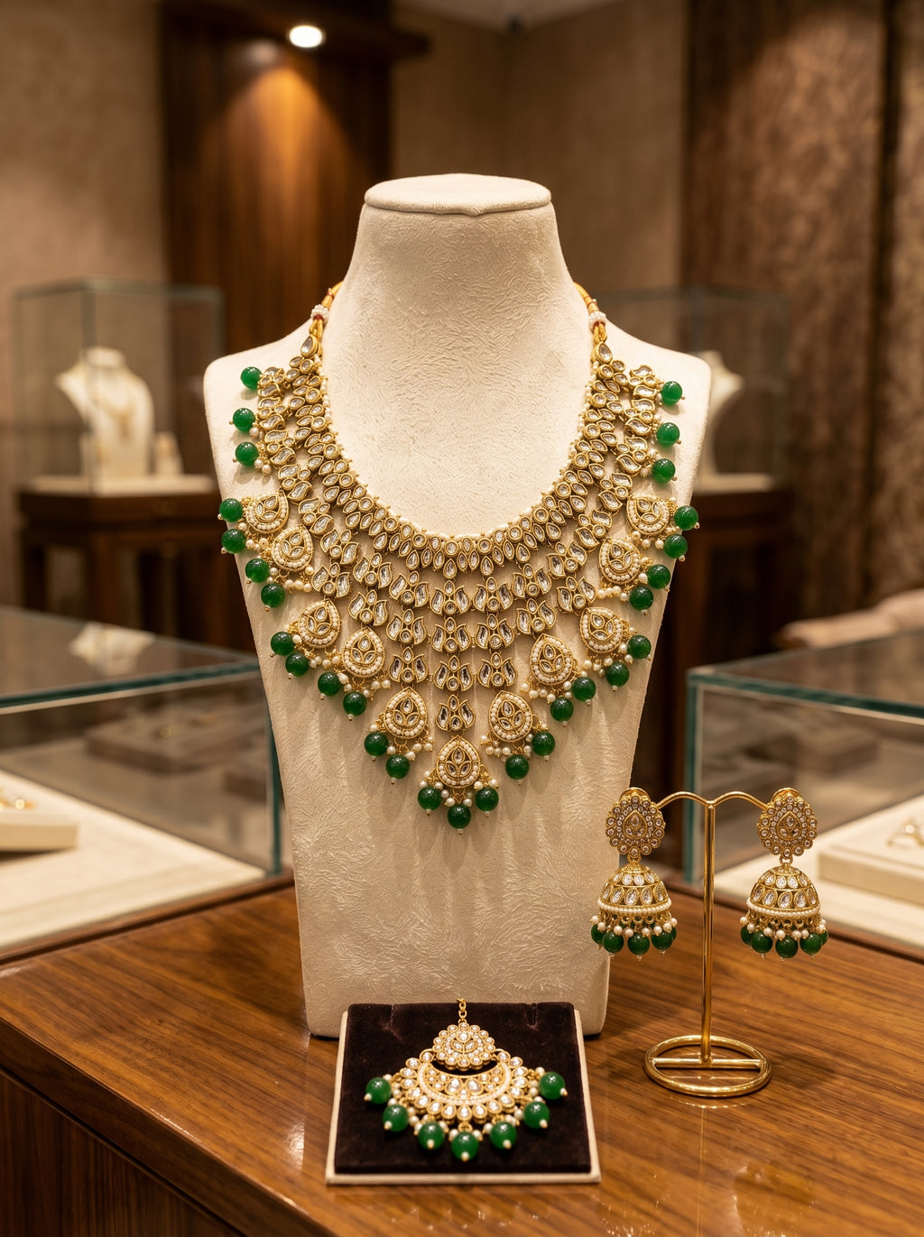 myFashion Green Beads Kundan Choker Necklace Set with Pearls | Bridal Jewellery Set with Earrings, Maang Tikka & Ring