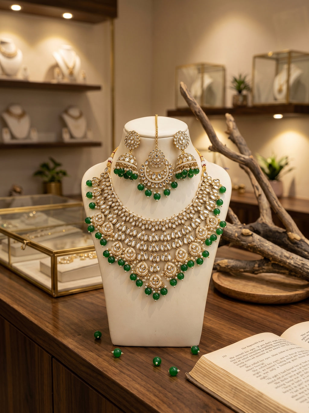 myFashion Green Beads Kundan Choker Necklace Set with Pearls | Bridal Jewellery Set with Earrings, Maang Tikka & Ring