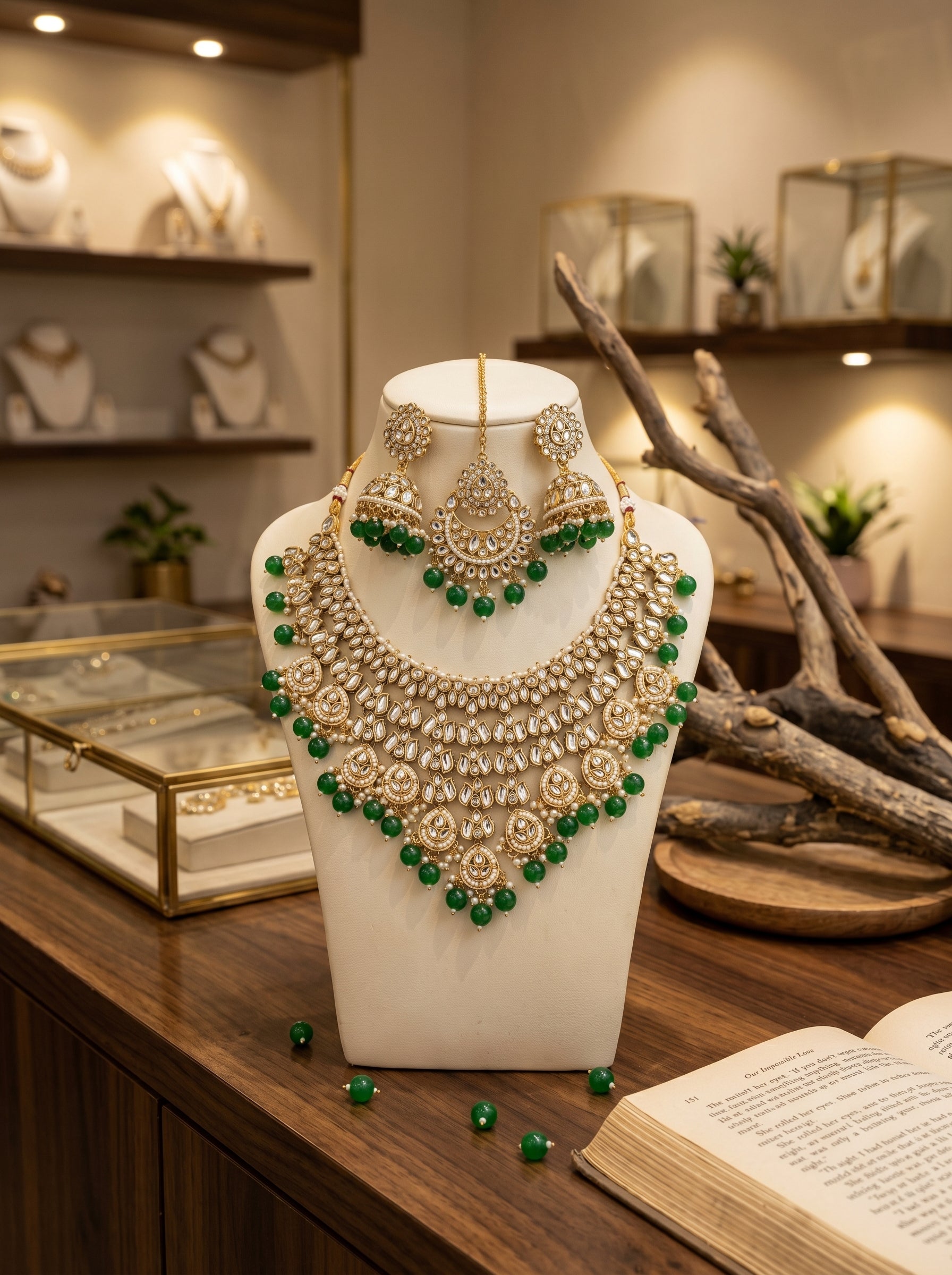 myFashion Green Beads Kundan Choker Necklace Set with Pearls | Bridal Jewellery Set with Earrings, Maang Tikka & Ring