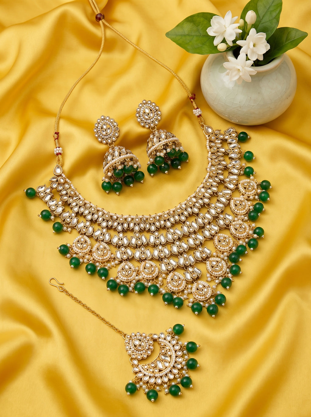 myFashion Green Beads Kundan Choker Necklace Set with Pearls | Bridal Jewellery Set with Earrings, Maang Tikka & Ring