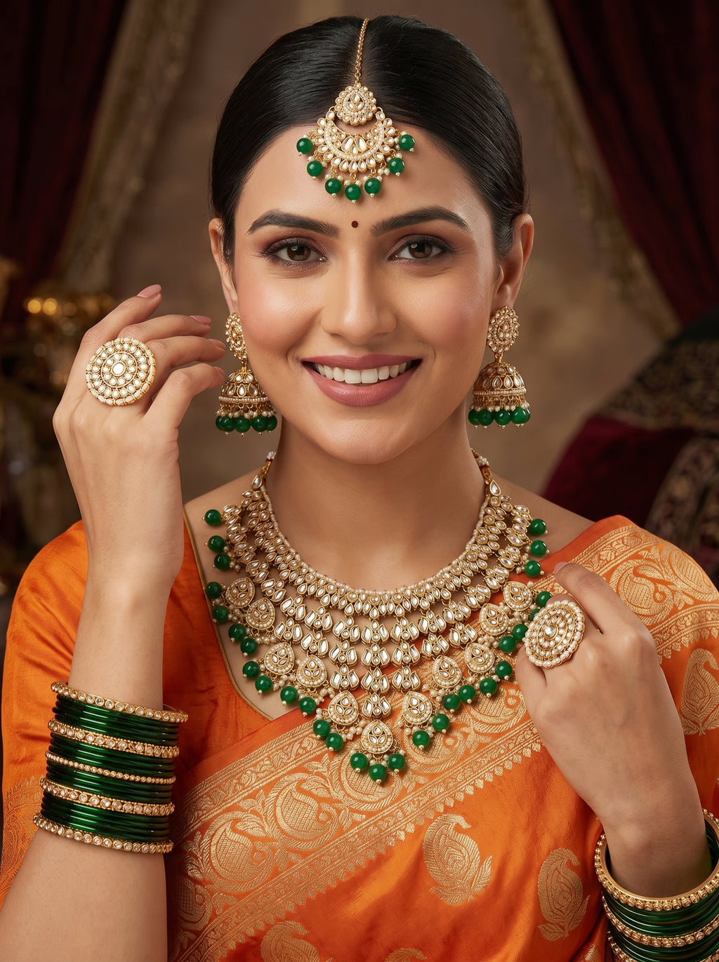 myFashion Green Beads Kundan Choker Necklace Set with Pearls | Bridal Jewellery Set with Earrings, Maang Tikka & Ring