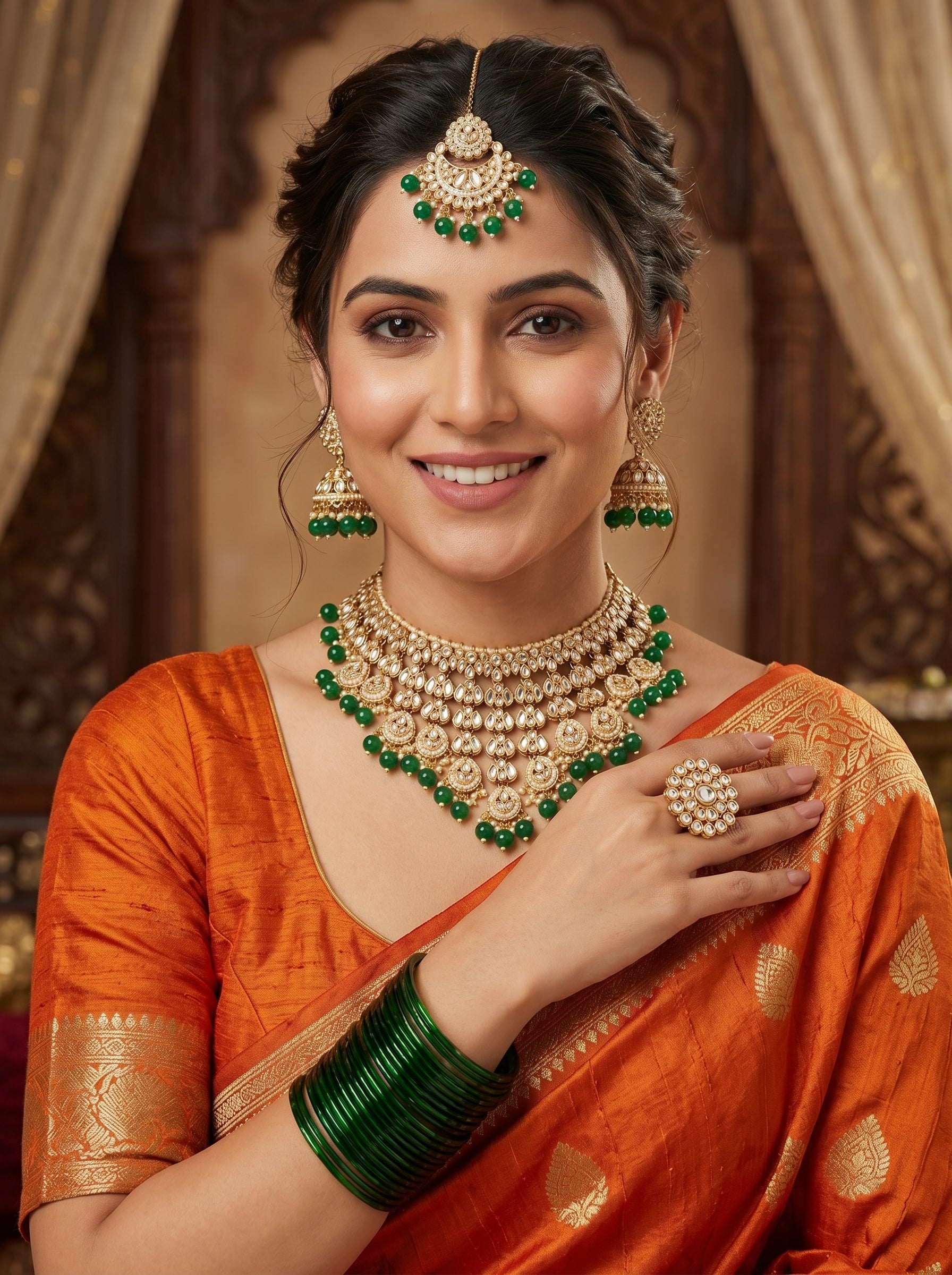 myFashion Green Beads Kundan Choker Necklace Set with Pearls | Bridal Jewellery Set with Earrings, Maang Tikka & Ring