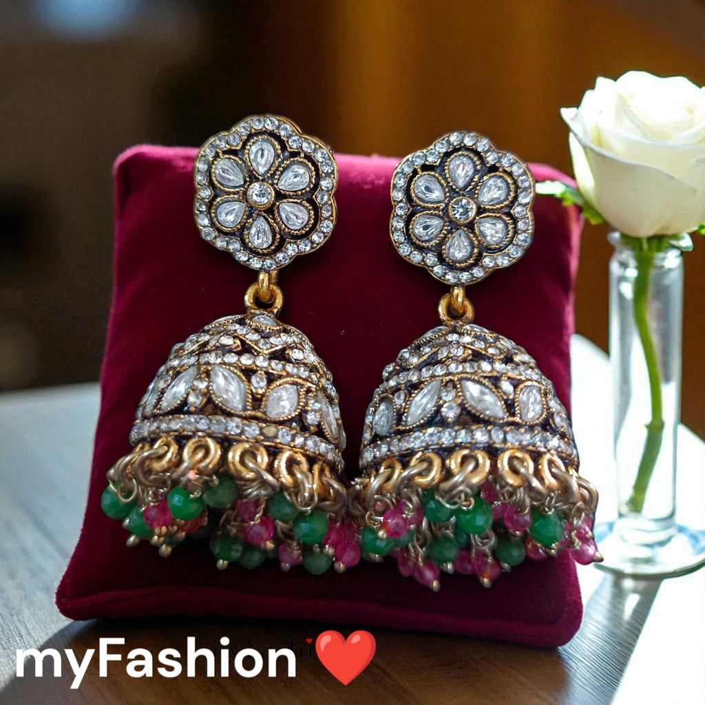 Moissanite Kundan Long Necklace Set with Jhumka – Festive Bridal Jewellery | Perfect for Banarasi Mashru Silk Sarees