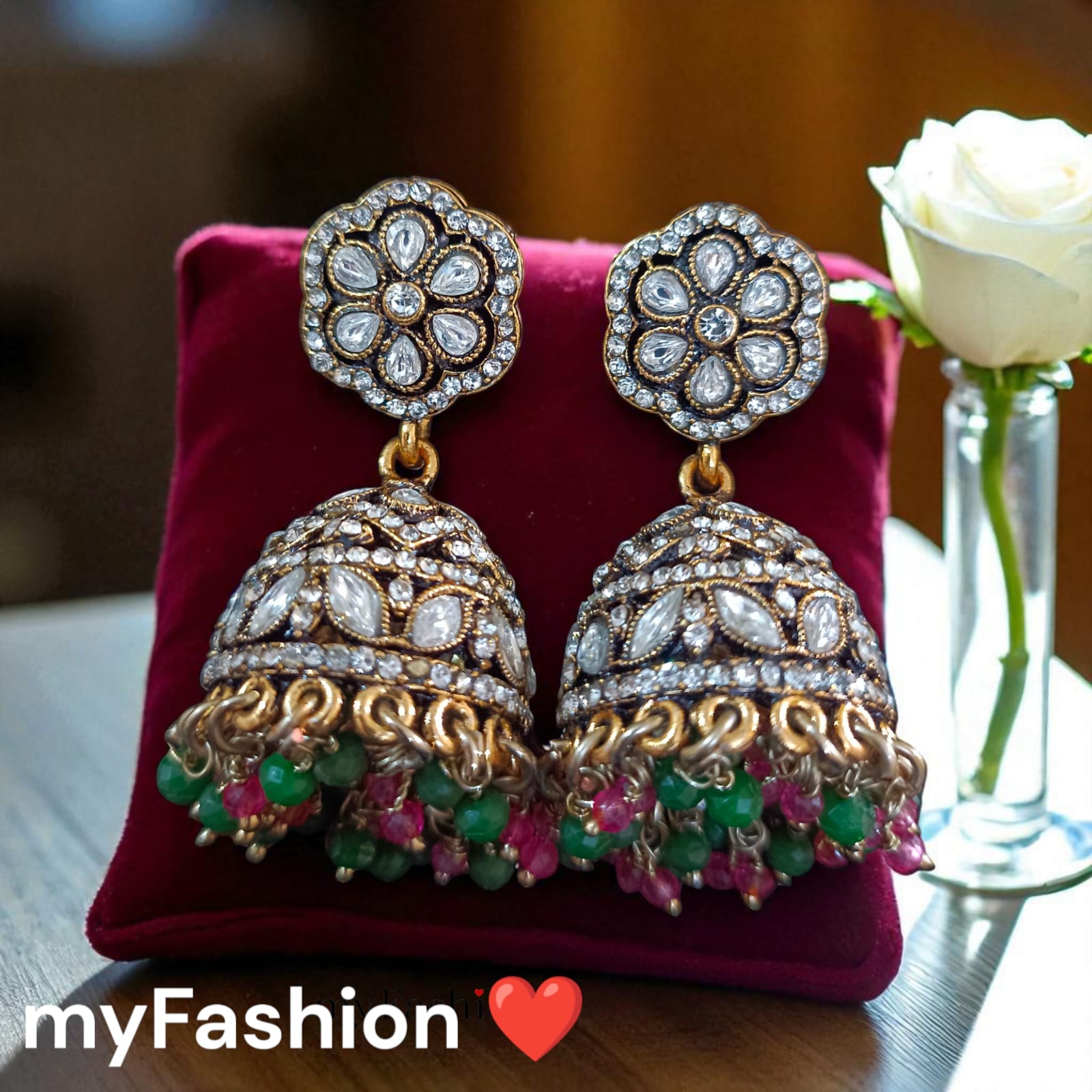 Moissanite Kundan Long Necklace Set with Jhumka – Festive Bridal Jewellery | Perfect for Banarasi Mashru Silk Sarees