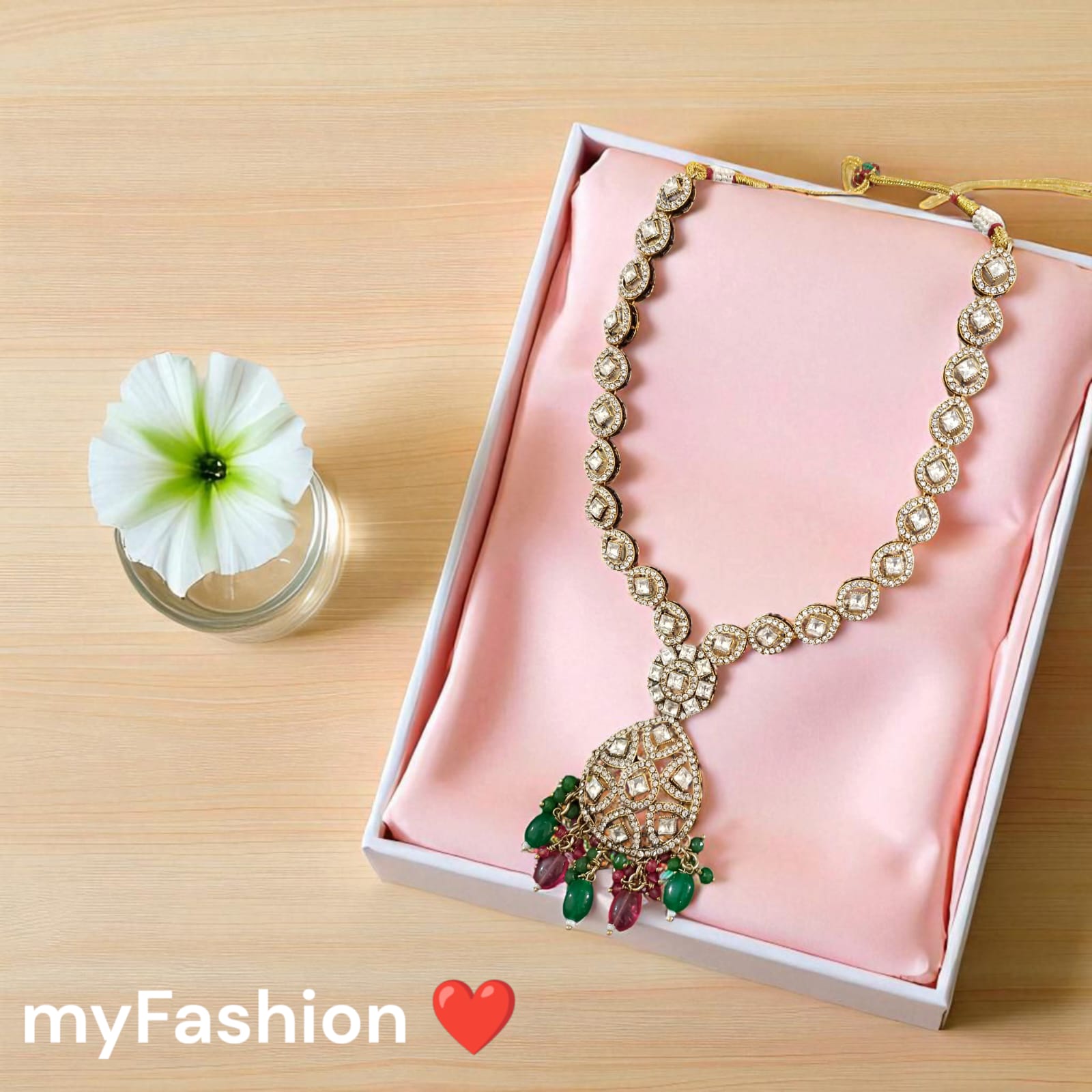 Moissanite Kundan Long Necklace Set with Jhumka – Festive Bridal Jewellery | Perfect for Banarasi Mashru Silk Sarees