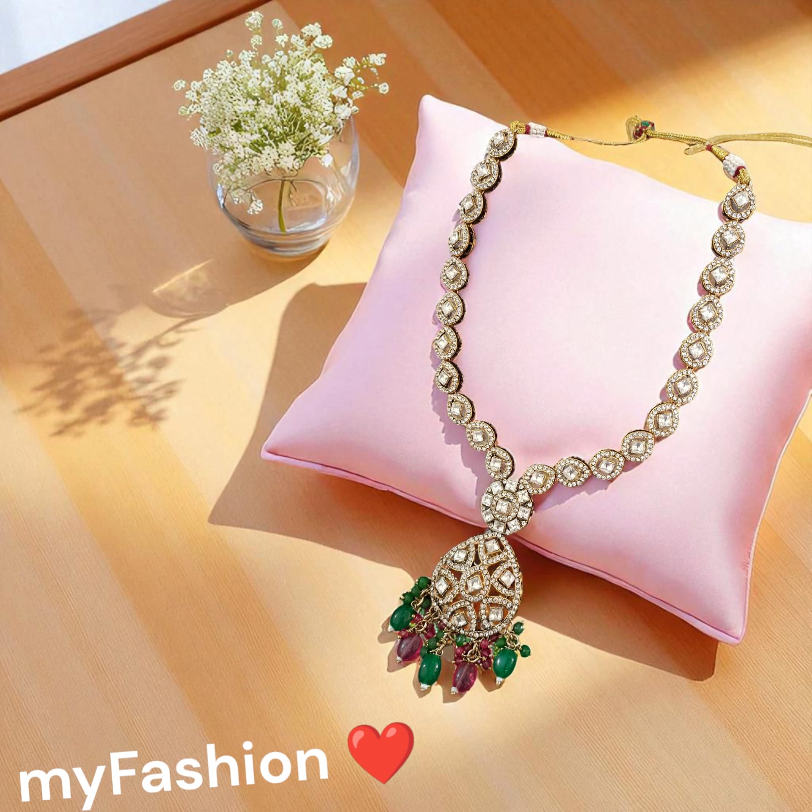 Moissanite Kundan Long Necklace Set with Jhumka – Festive Bridal Jewellery | Perfect for Banarasi Mashru Silk Sarees
