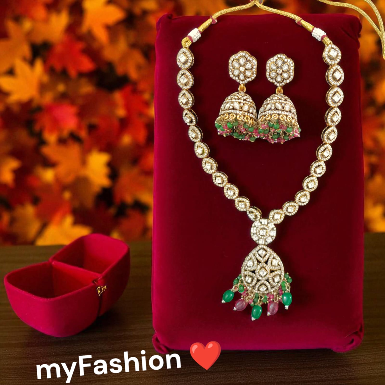 Moissanite Kundan Long Necklace Set with Jhumka – Festive Bridal Jewellery | Perfect for Banarasi Mashru Silk Sarees