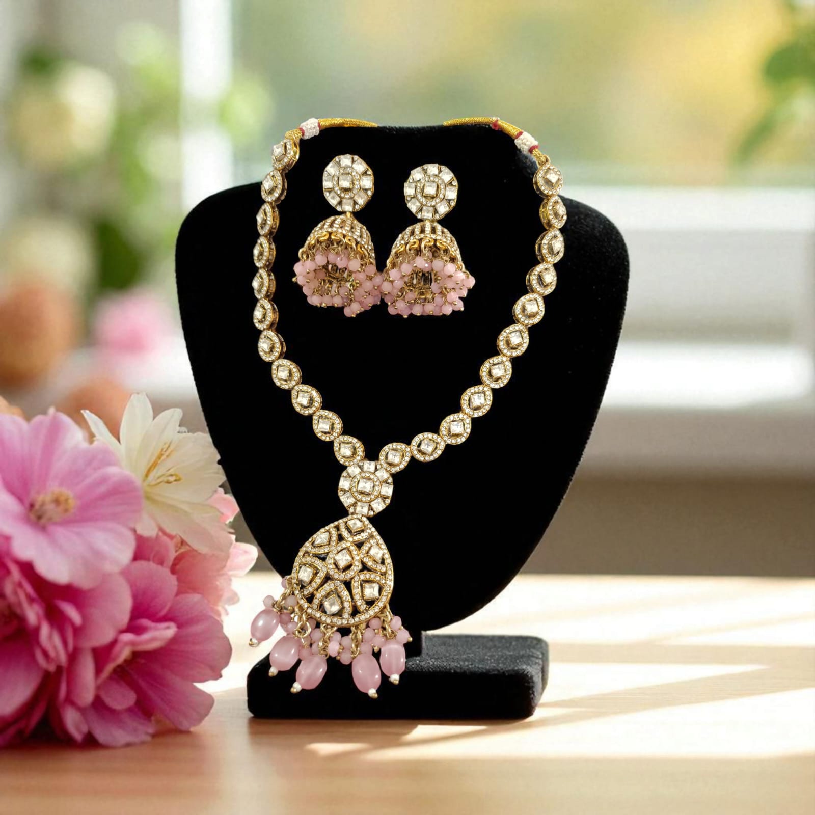 Moissanite Kundan Long Necklace Set with Jhumka – Festive Bridal Jewellery | Perfect for Banarasi Mashru Silk Sarees