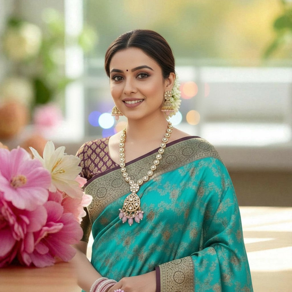 Moissanite Kundan Long Necklace Set with Jhumka – Festive Bridal Jewellery | Perfect for Banarasi Mashru Silk Sarees
