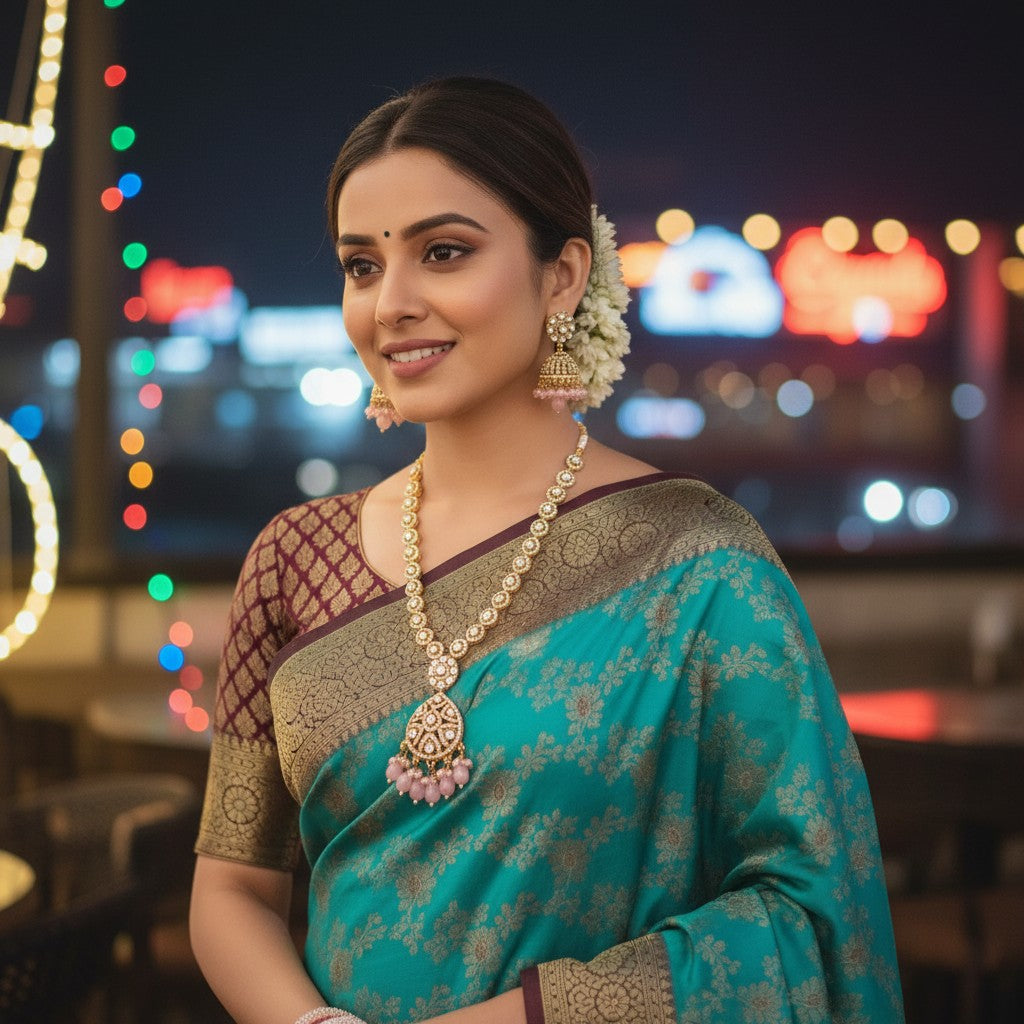 Moissanite Kundan Long Necklace Set with Jhumka – Festive Bridal Jewellery | Perfect for Banarasi Mashru Silk Sarees