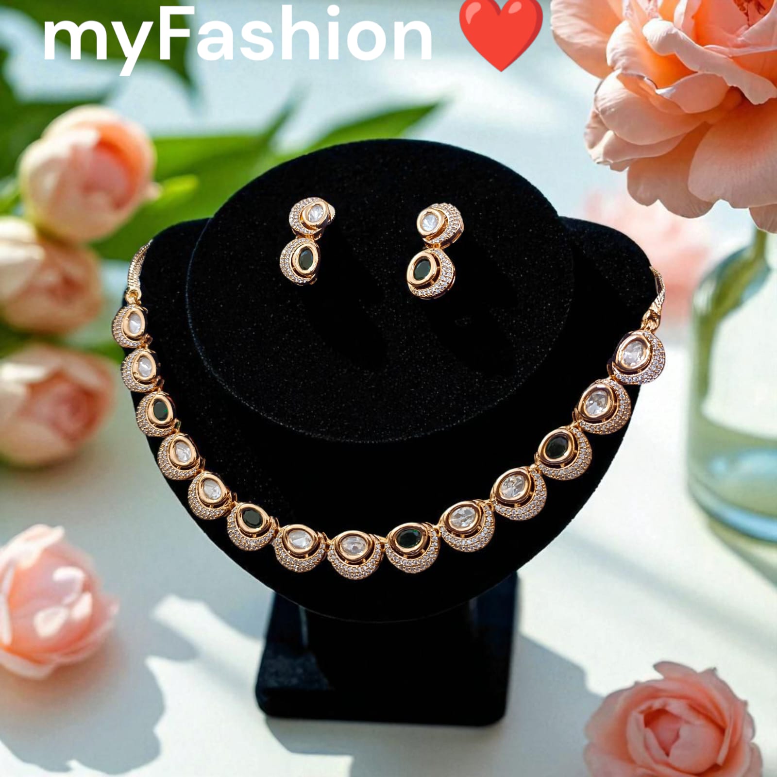 Moissanite Kundan Short Necklace Set with Earrings – White & Emerald Green | Bridal & Festive Jewellery