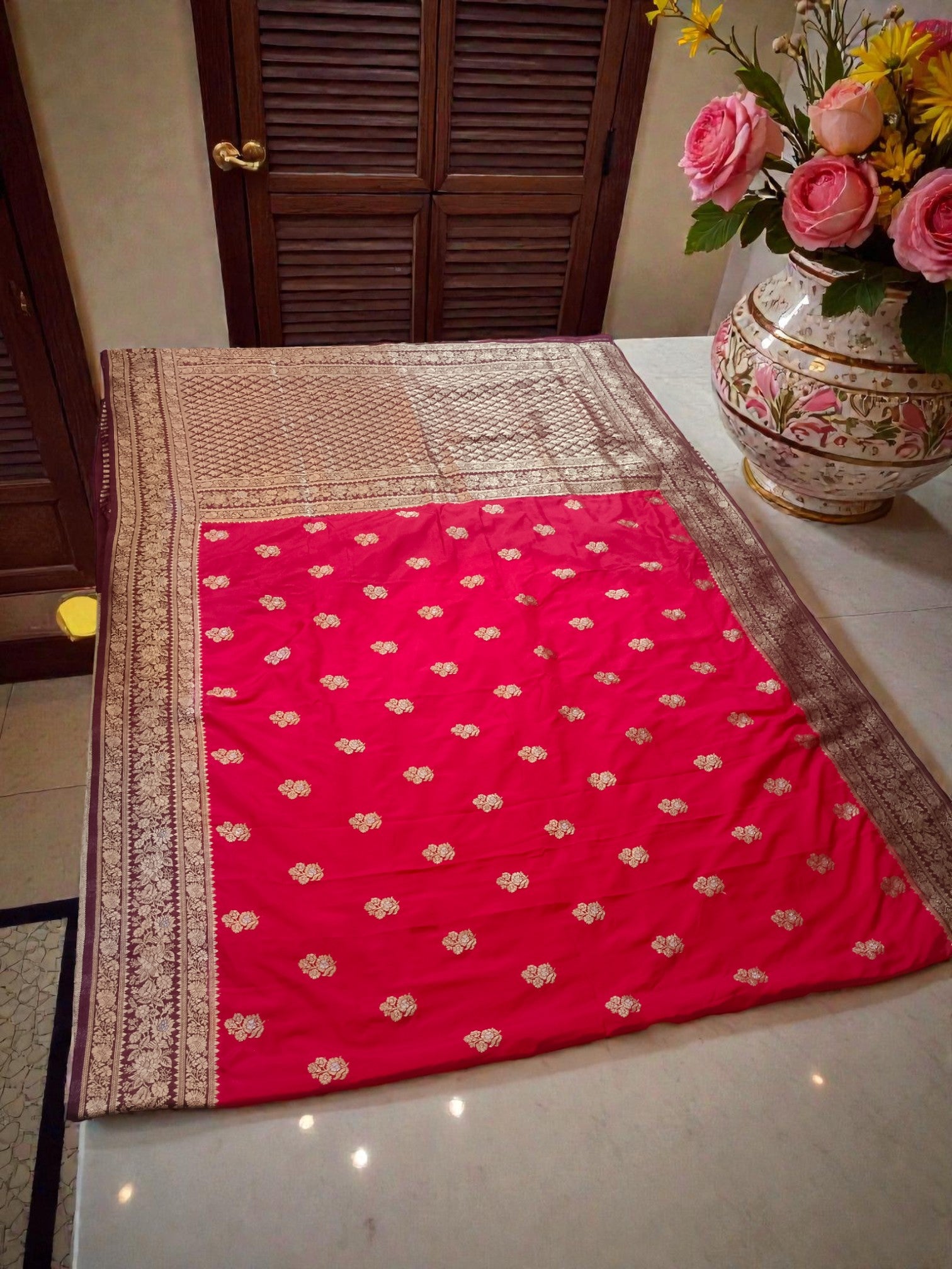 Royal Red Banarasi Semi Katan Silk Saree with Contrast Gold Zari Weaving & Rich Pallu