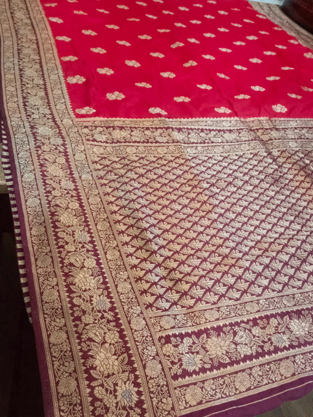 Royal Red Banarasi Semi Katan Silk Saree with Contrast Gold Zari Weaving & Rich Pallu
