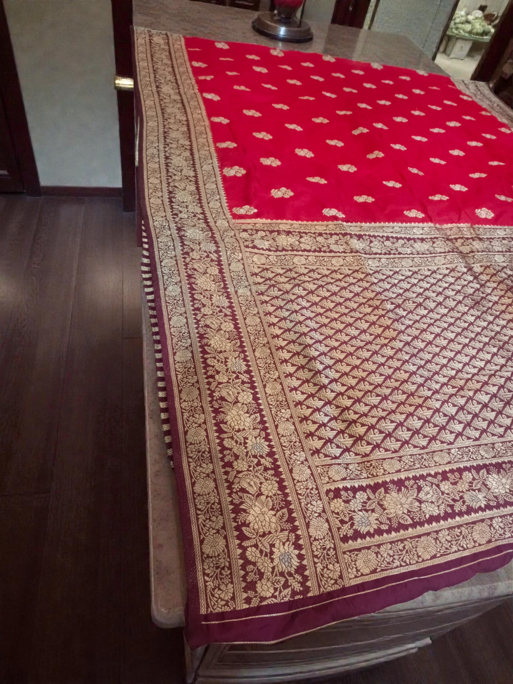 Royal Red Banarasi Semi Katan Silk Saree with Contrast Gold Zari Weaving & Rich Pallu